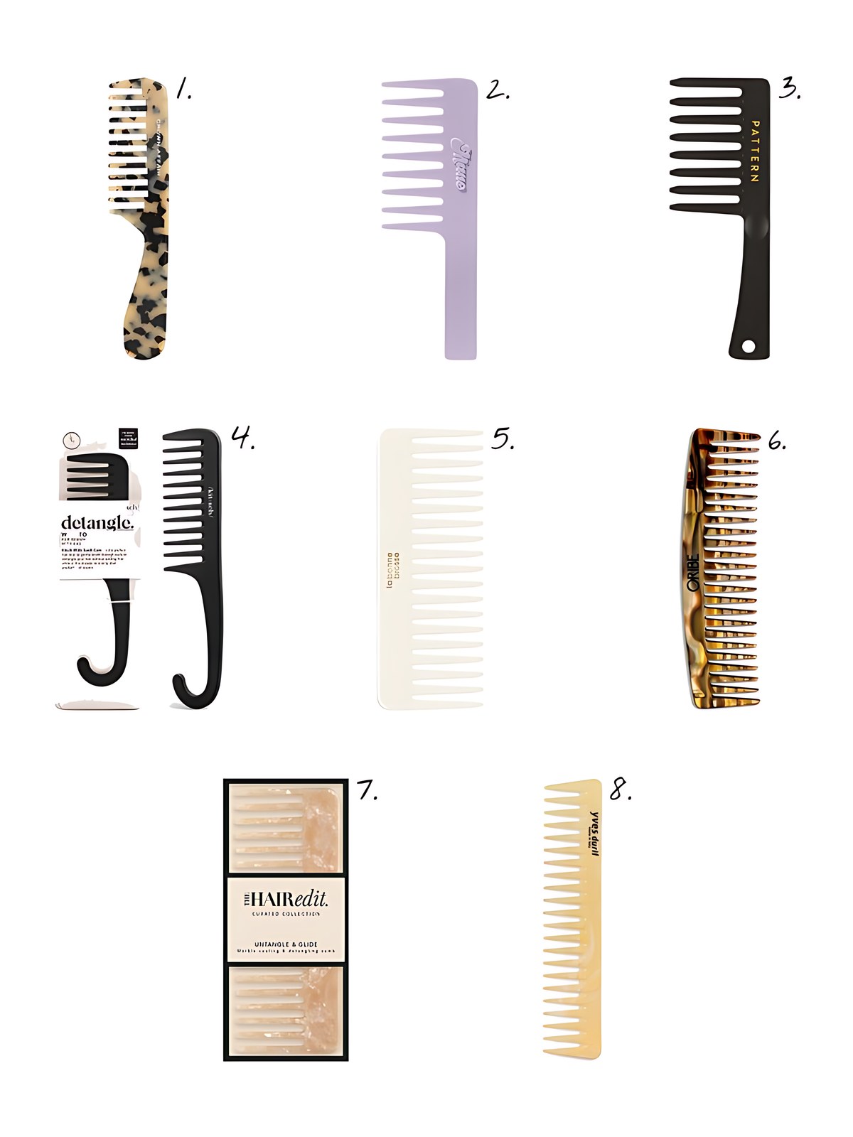 Numbered collage: 1. Crown Affair The Comb No. 002 in tortoise; 2. Mane Knot Ur Avg Wide-Tooth Hair Comb; 3. PATTERN by Tracee Ellis Ross Wide Tooth Comb; 4. Kitsch Detangle Wide Tooth Comb; 5. La Bonne Brosse The Large Detangling Comb - Creamy White; 6. Oribe Wide Tooth Comb for Wet or Dry Hair; 7. The Hair Edit Untangle & Glide Comb; 8. Yves Durif Comb