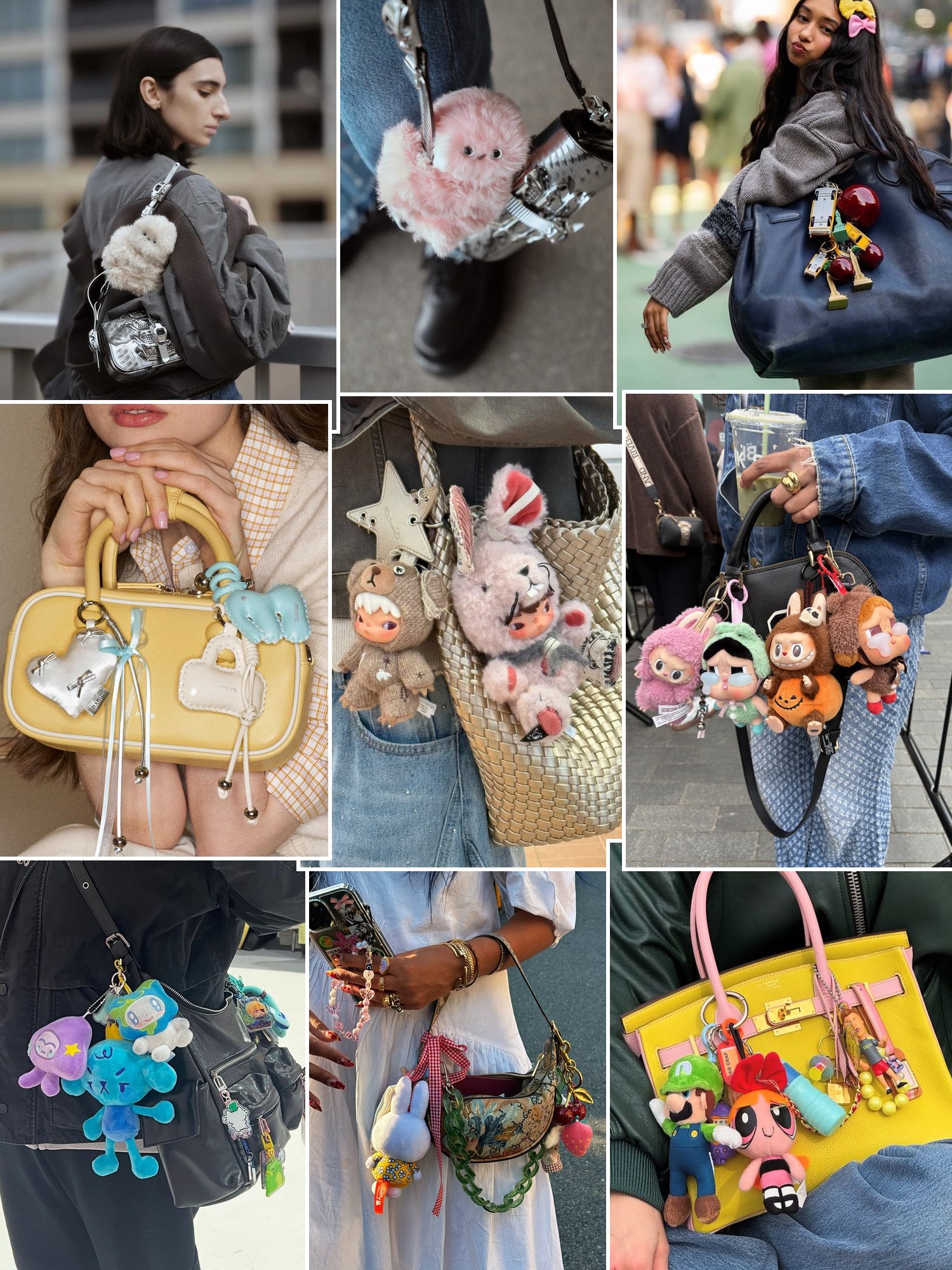 Street style collage of women wearing Mirumi bag charm