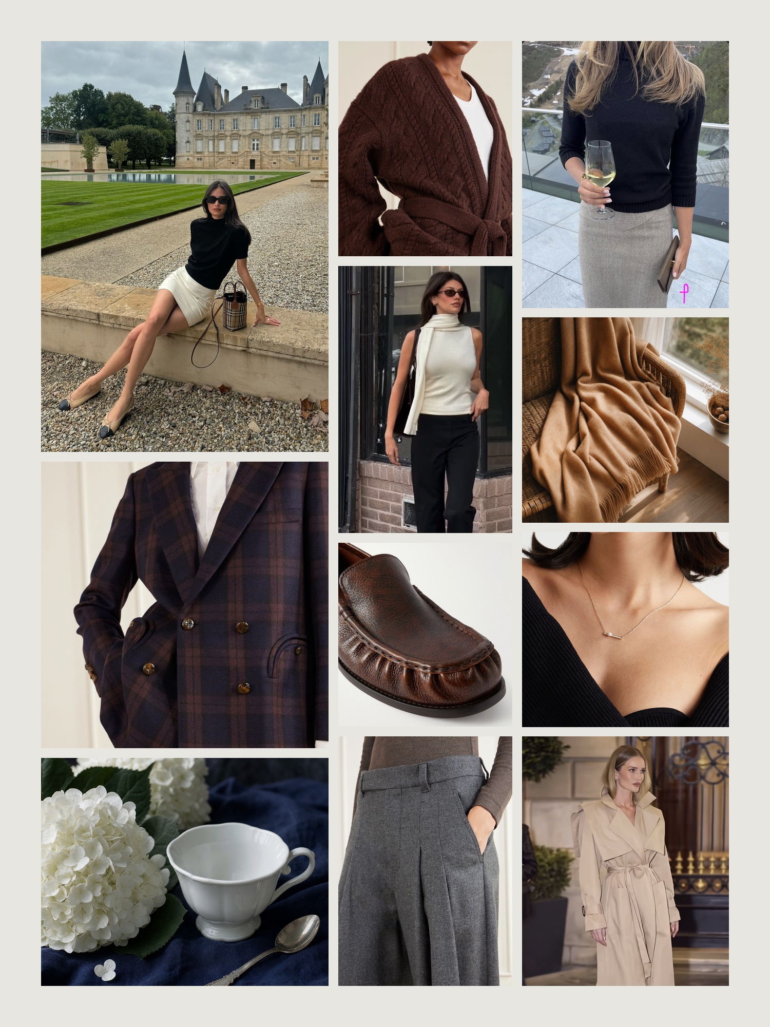 Mood board of old money style in navy, camel and white