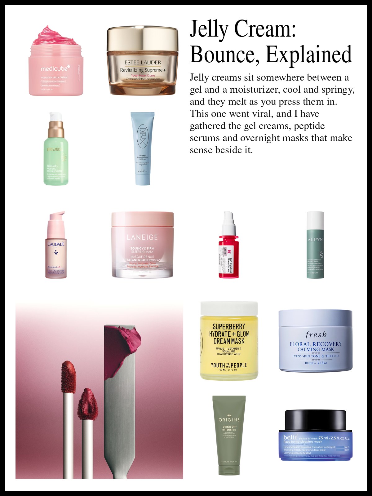 Collage of gel creams, peptide serums and overnight masks beside a photo of two lip applicators and a steel spatula holding a smear of deep berry-red cream against a pink and burgundy gradient.