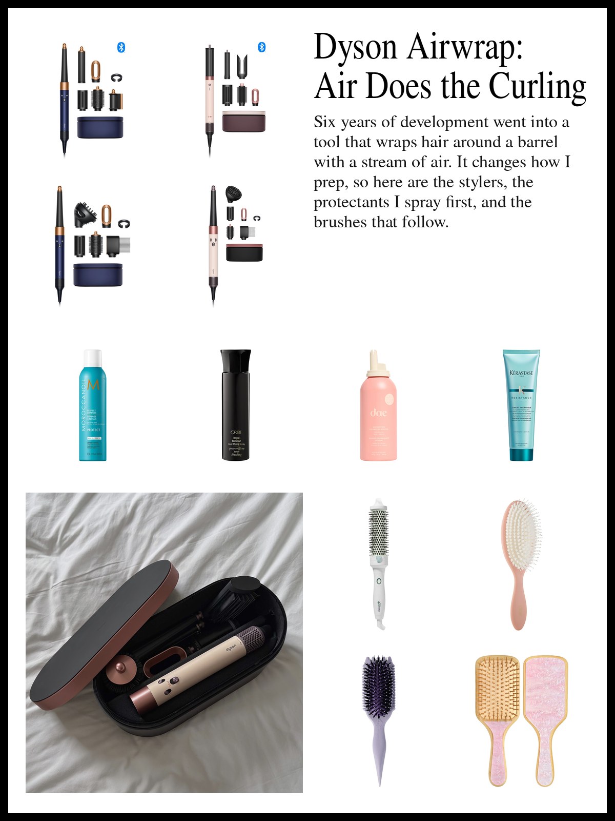 Collage of multi-stylers, heat protectant sprays and hair brushes beside a black and white portrait of a woman with long, loose, center-parted hair looking off to the side, with a pale bottle balanced on top of her head.