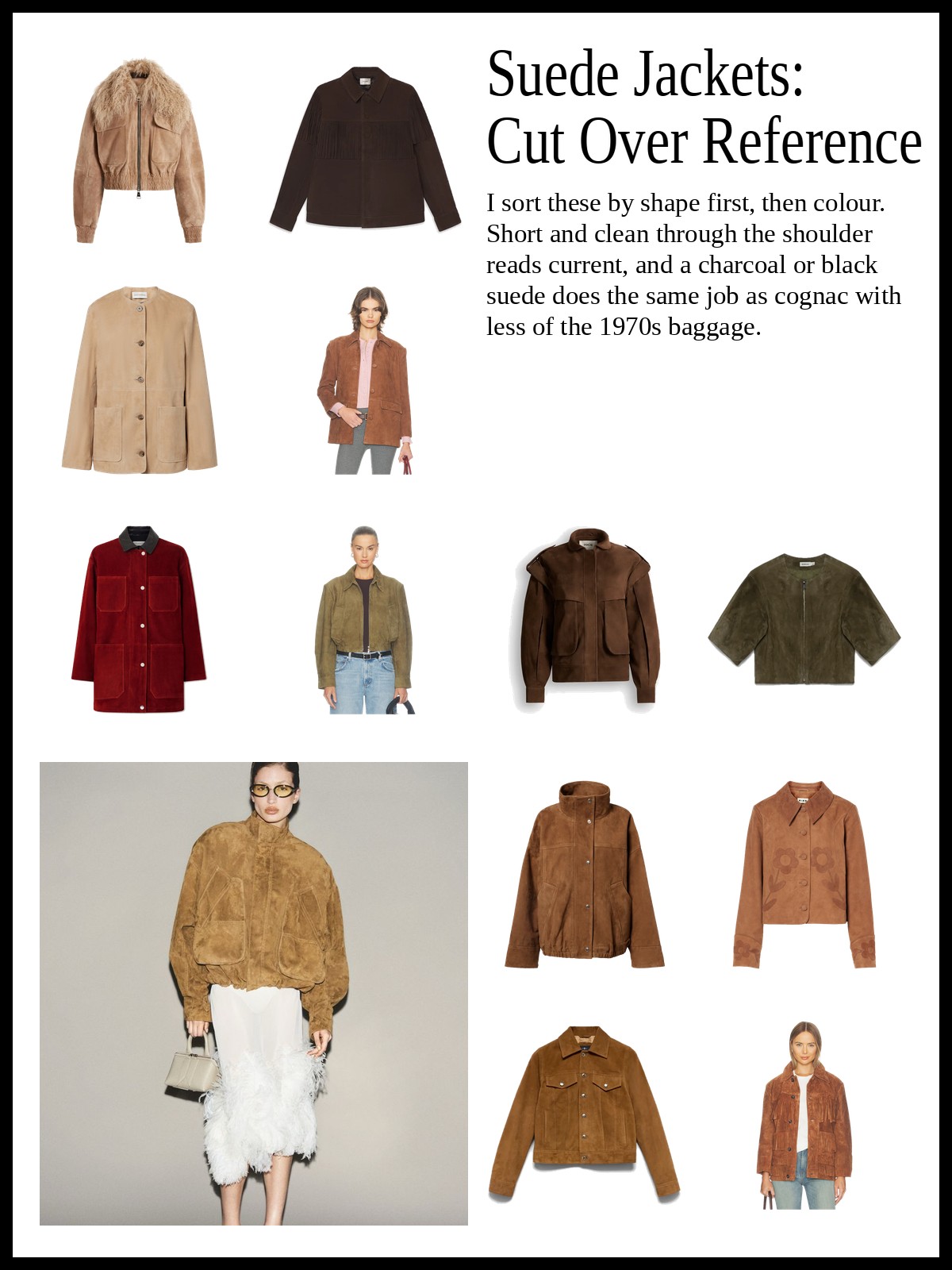 Collage of suede jackets in tan, brown, red and olive with a street style photo of a tan suede bomber