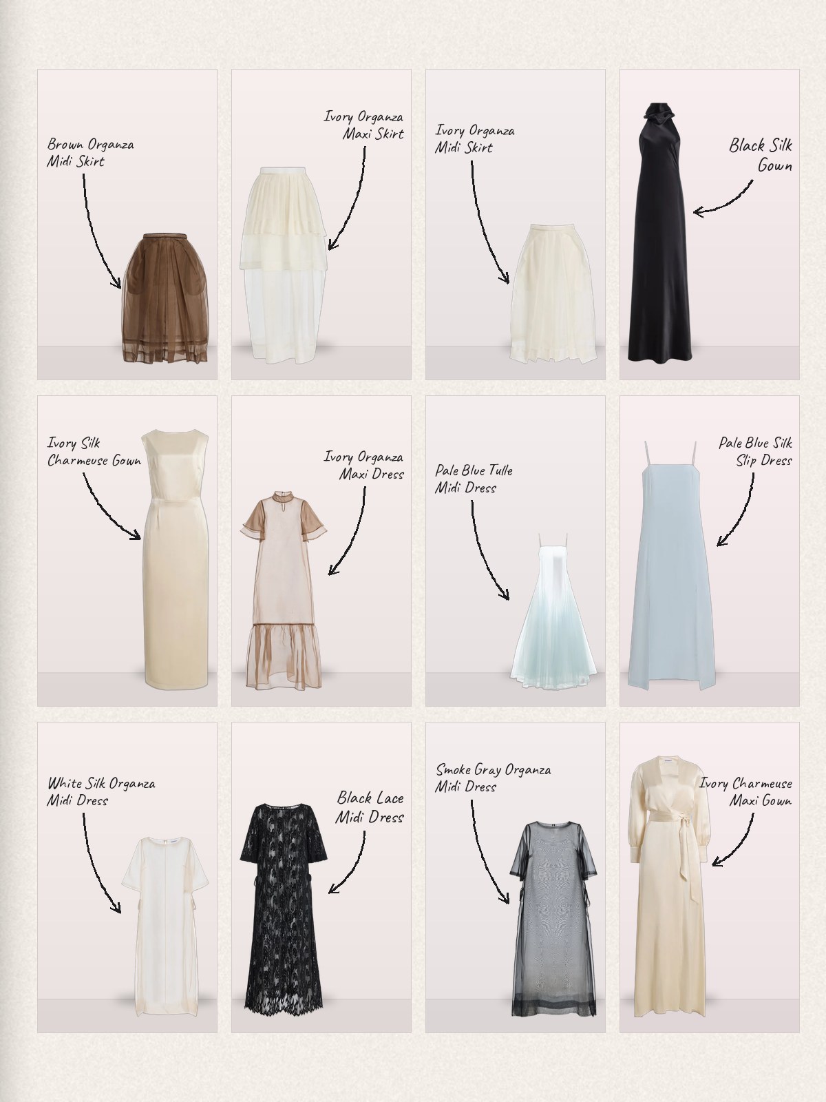 A handwritten-label Kamperett grid of silk skirts, gowns, and dresses.