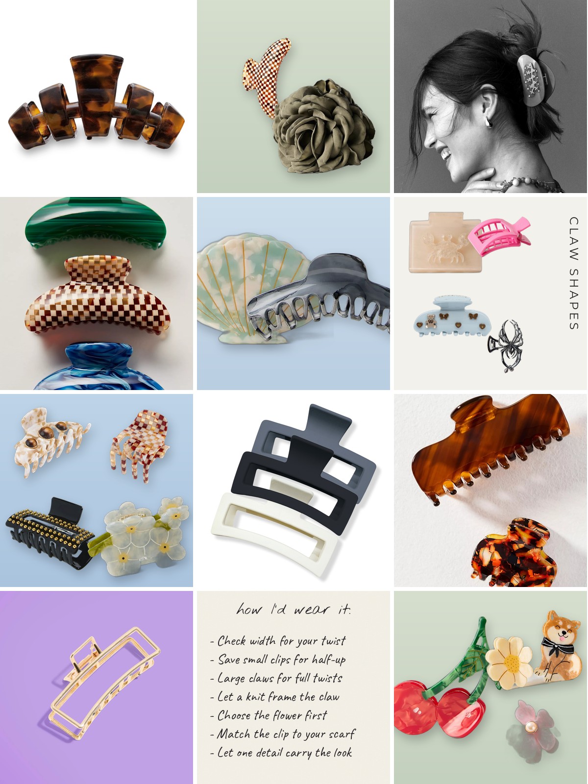 Collage: twenty Hair claw products with a how I would wear it note