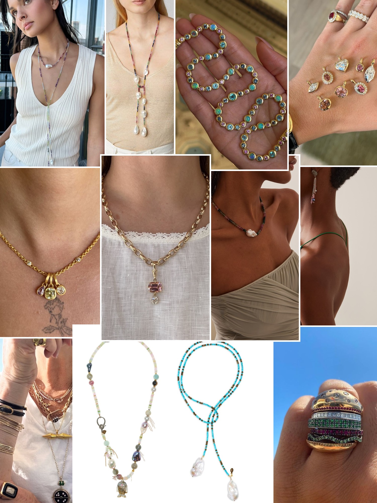 Collage of rings, earrings and layered necklaces worn up close, in the spirit of Joie DiGiovanni