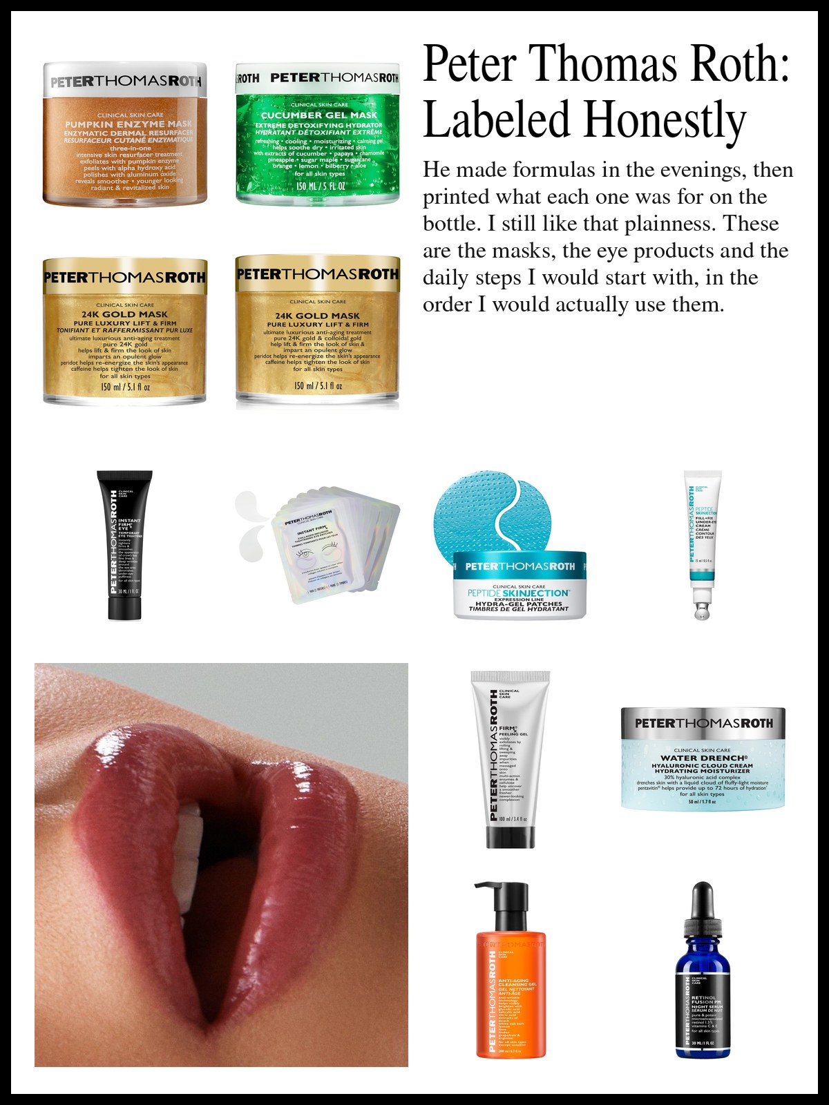 Collage of face masks, eye patches, serums and moisturizers beside a close-up photo of glossy, rosy-red lips slightly parted, shot from the side against a soft gray background.