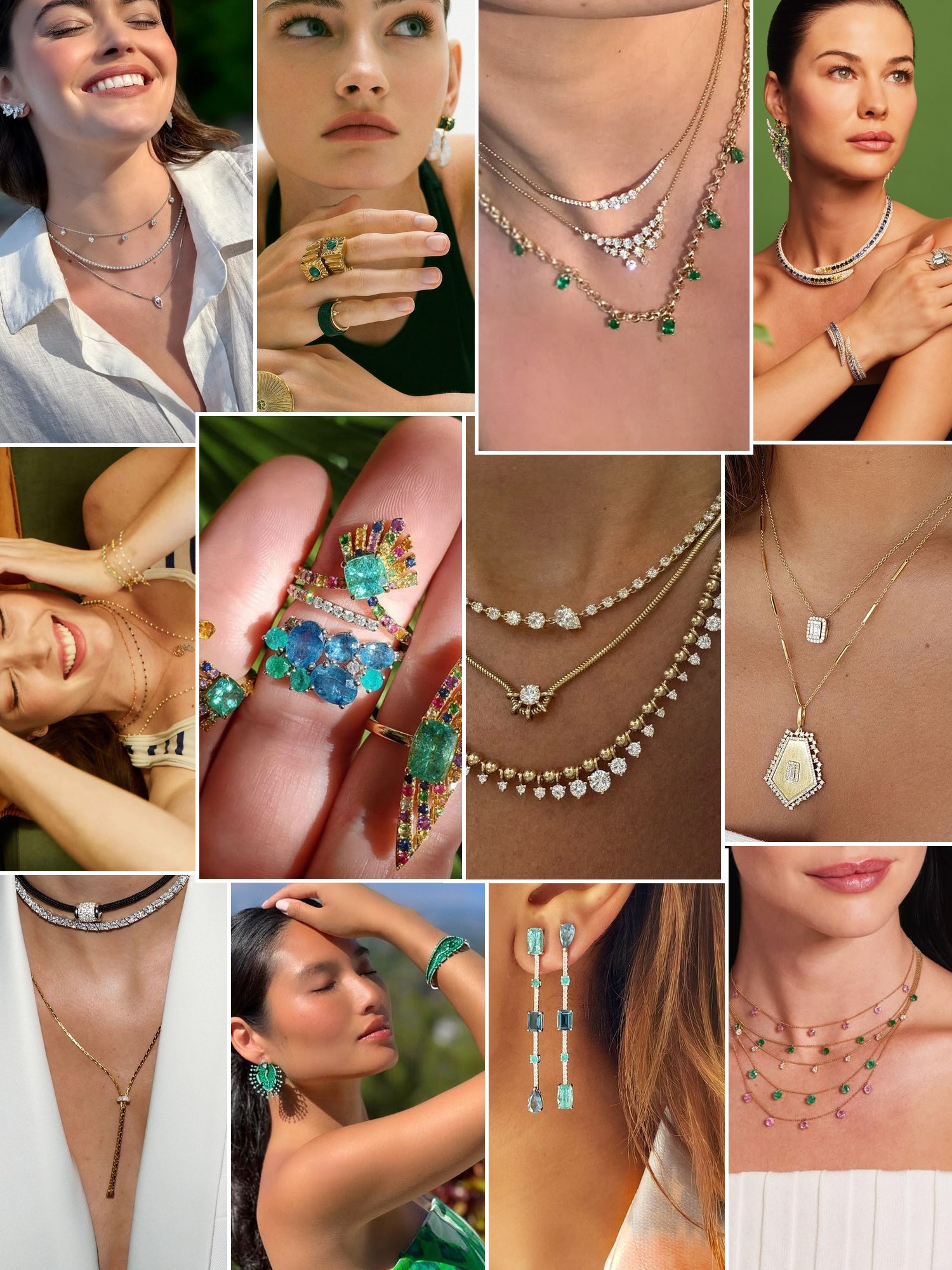 Collage of rings, earrings and layered necklaces worn up close, in the spirit of Graziela