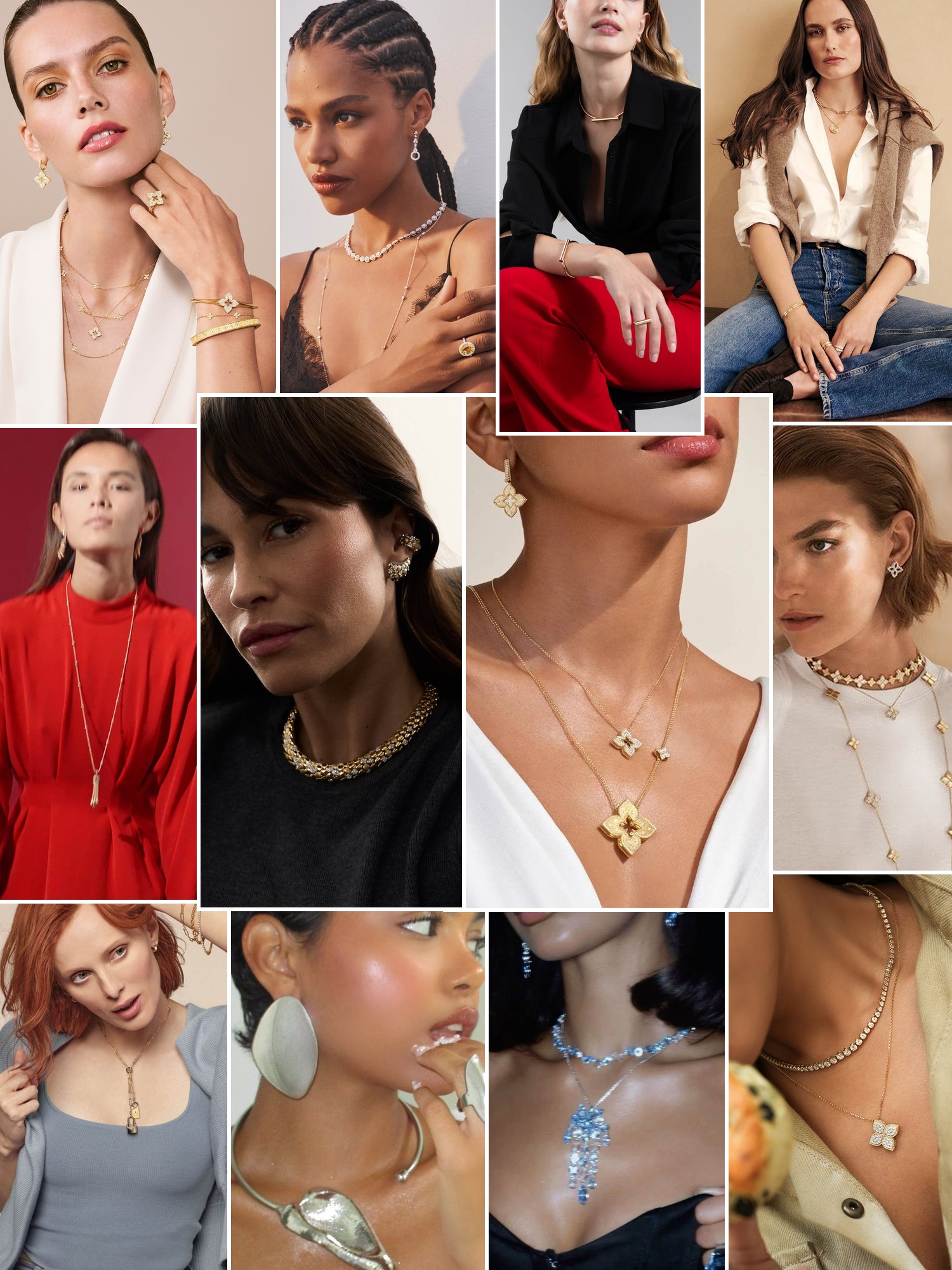 Collage of gold and gemstone jewelry styled with elegant outfits, portraits and close up details.