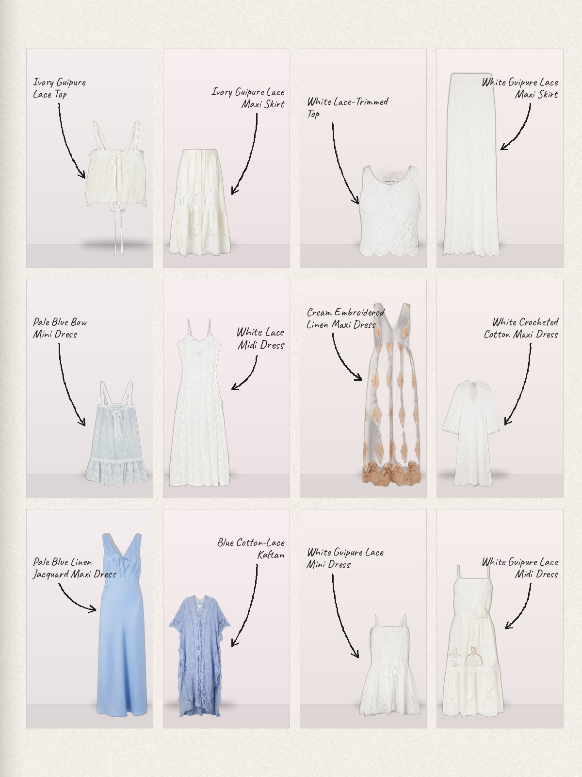 A handwritten-label Miguelina grid of lace separates, dresses, and a kaftan.