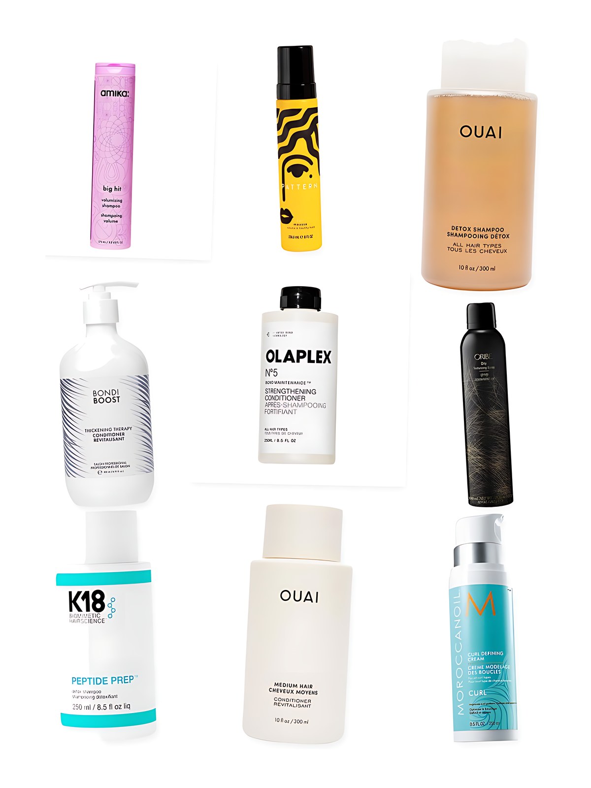 Collage on a white background showing OUAI Detox Clarifying Shampoo with Apple Cider Vinegar, OUAI Medium Hair Conditioner, Oribe Dry Texturizing Spray for Volume & Texture, K18 Biomimetic Hairscience PEPTIDE PREP™ Clarifying Detox Shampoo, Olaplex No.5 Bond Maintenance® Strengthening, Moisturizing Hair Repair Conditioner for Medium Hair, Pattern by Tracee Ellis Ross Curl Mousse for Curls & Coils, amika Big Hit Volumizing Shampoo, BondiBoost Hair Thickening Therapy Volumizing Conditioner and Moroccanoil Curl Defining Cream with Argan Oil.