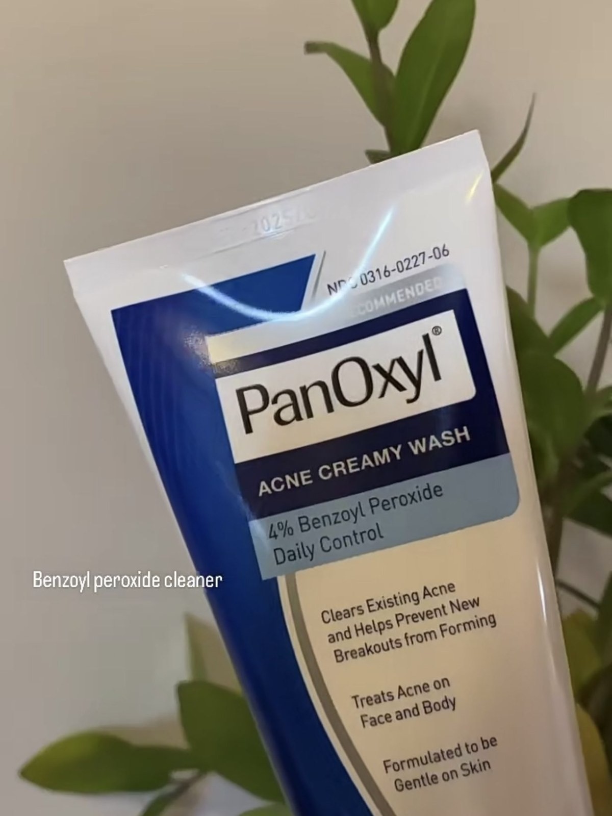 Tube of PanOxyl Acne Creamy Wash held up against a plant, labeled benzoyl peroxide cleaner