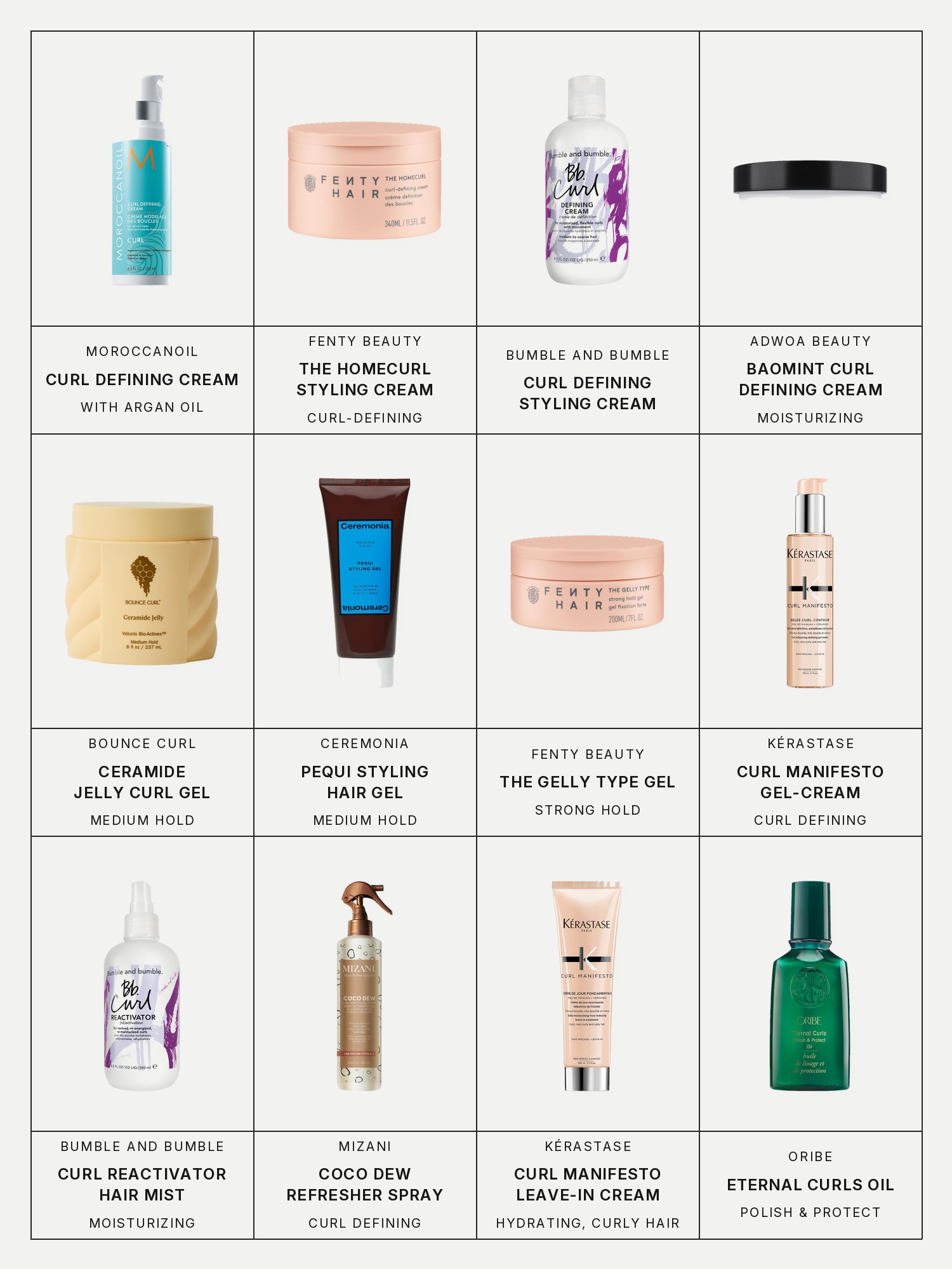 Twelve boxes on a pale grey page, one for each product in this edit, each with its brand and name printed below: Moroccanoil Curl Defining Cream with Argan Oil, Fenty Beauty The Homecurl Curl-Defining Styling Cream, Bumble and bumble Curl Defining Styling Cream, Adwoa Beauty Baomint Moisturizing Curl Defining Cream, Bounce Curl Ceramide Jelly Medium-Hold Curl Defining Gel, Ceremonia Pequi Medium-Hold Styling Hair Gel, Fenty Beauty The Gelly Type Strong Hold Gel, Kérastase Curl Manifesto Curl Defining Gel-Cream, Bumble and bumble Curl Reactivator Moisturizing Hair Mist, Mizani Coco Dew Curl Defining Refresher Spray, Kérastase Curl Manifesto Hydrating Leave-In Cream for Curly Hair and Oribe Eternal Curls Polish & Protect Oil.