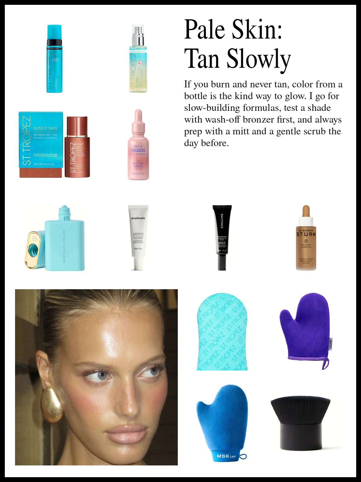 Collage of self-tanning mousse, drops and face mists, wash-off bronzing drops and body glows, and tanning mitts and body scrubs, and a mood photo of a fair, sun-warmed face with a soft golden glow.