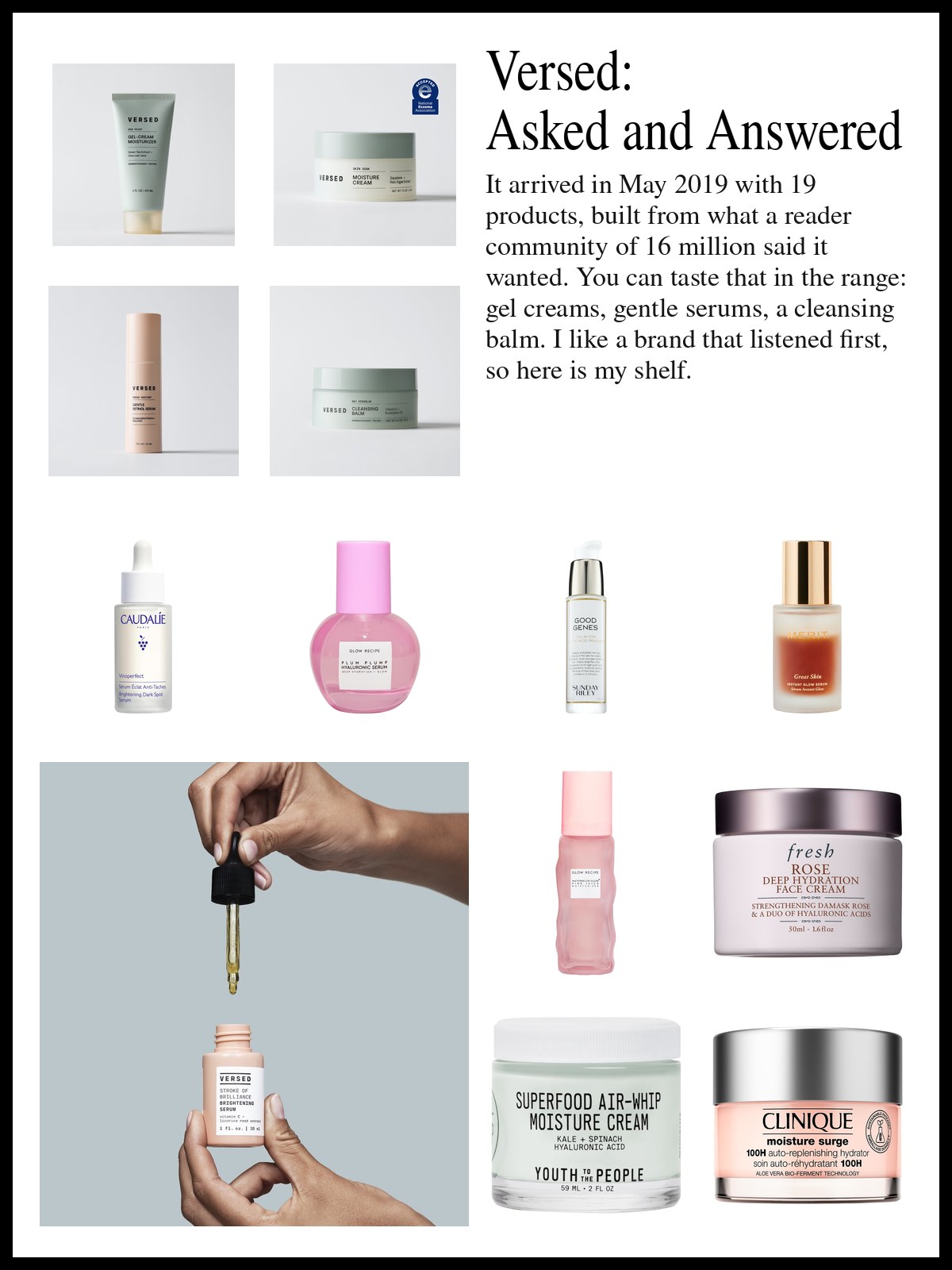 Collage of Versed skin care, glow serums and gel moisturizers beside a photo of a frosty pink-red slushie in a clear cup with a glass straw and a frosted pink liquid lipstick tube stuck into the ice.