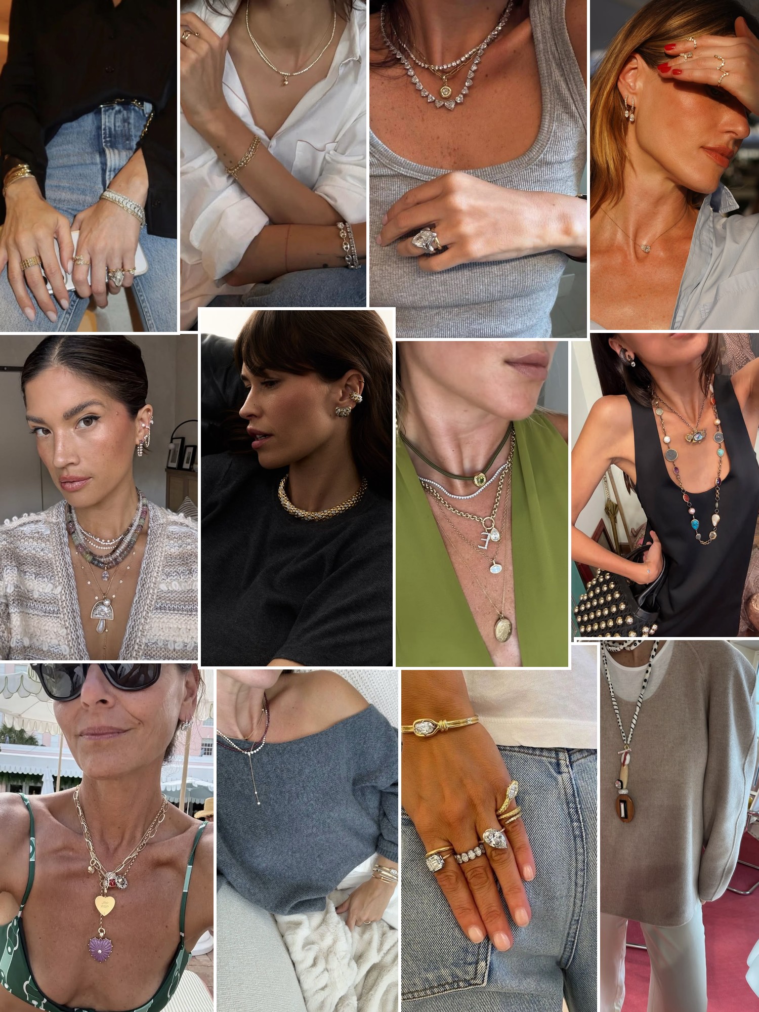Collage of layered gold necklaces, statement rings, bracelets and jewelry styled with everyday outfits