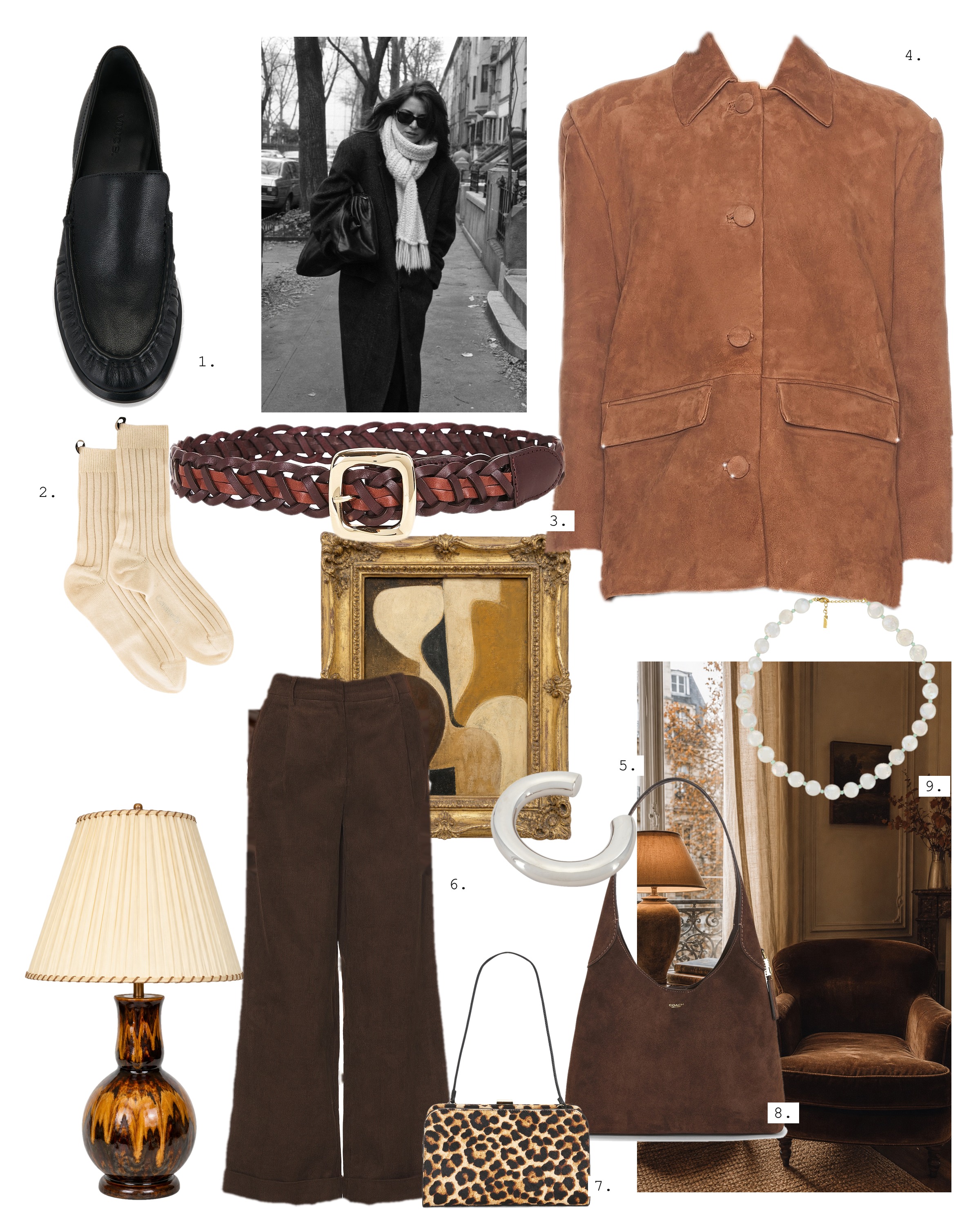 Fall moodboard collage: black loafers, cream cashmere socks, a braided brown belt, a chestnut suede jacket, a silver cuff, brown corduroy trousers, a leopard haircalf clutch, a brown suede shoulder bag and a pearl necklace, with a street style photo, a Paris interior, a gilt frame and a lamp.