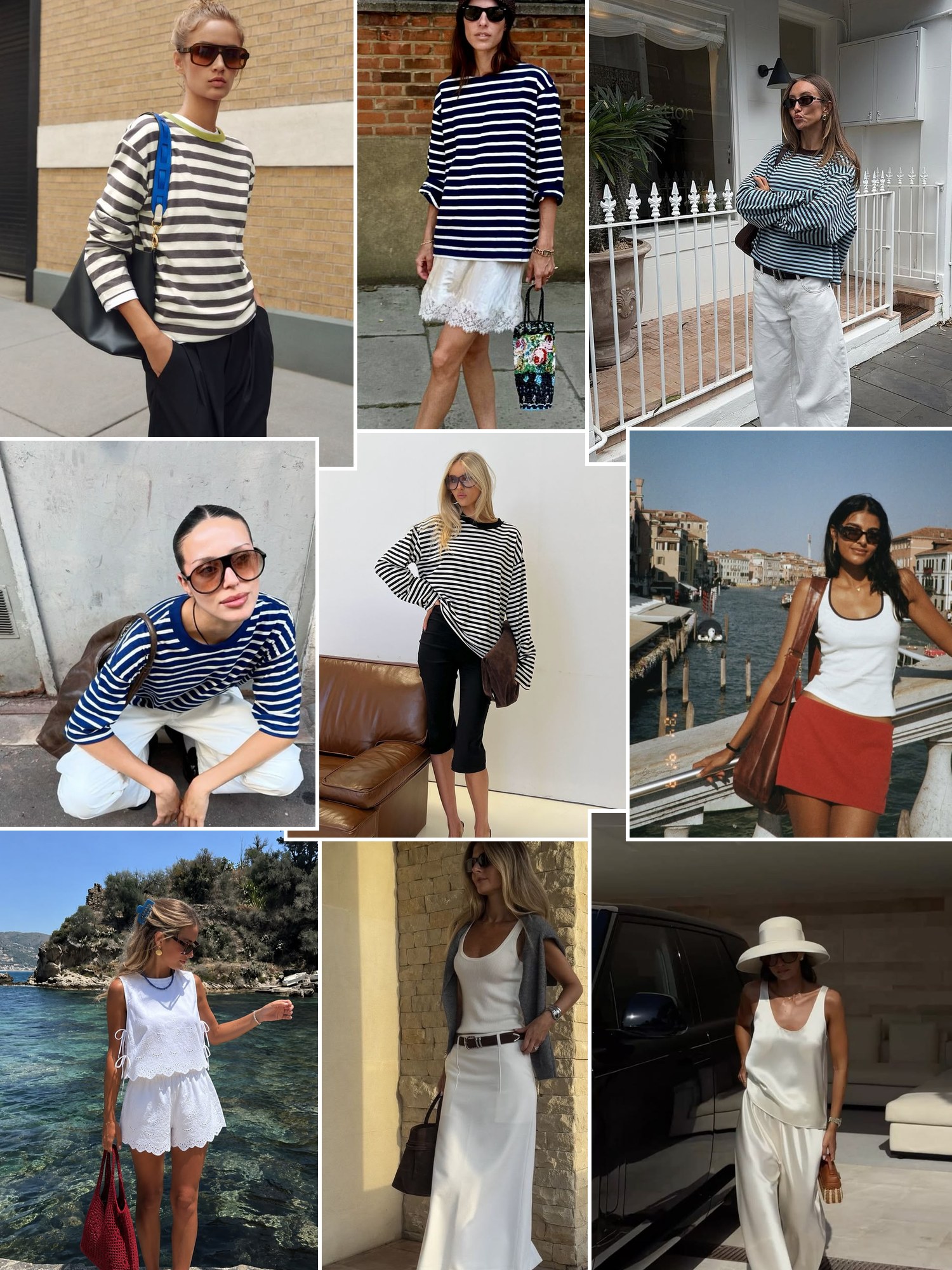 Collage of Riviera chic outfits with white sundresses, silk scarves and straw hats