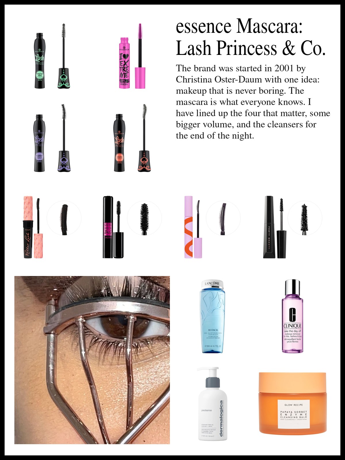 Collage of mascaras and eye makeup removers beside an overhead studio photo of glossy lipstick bullets, a tinted foundation bottle with a smear beside it, and an open eyeshadow palette on a pale surface.