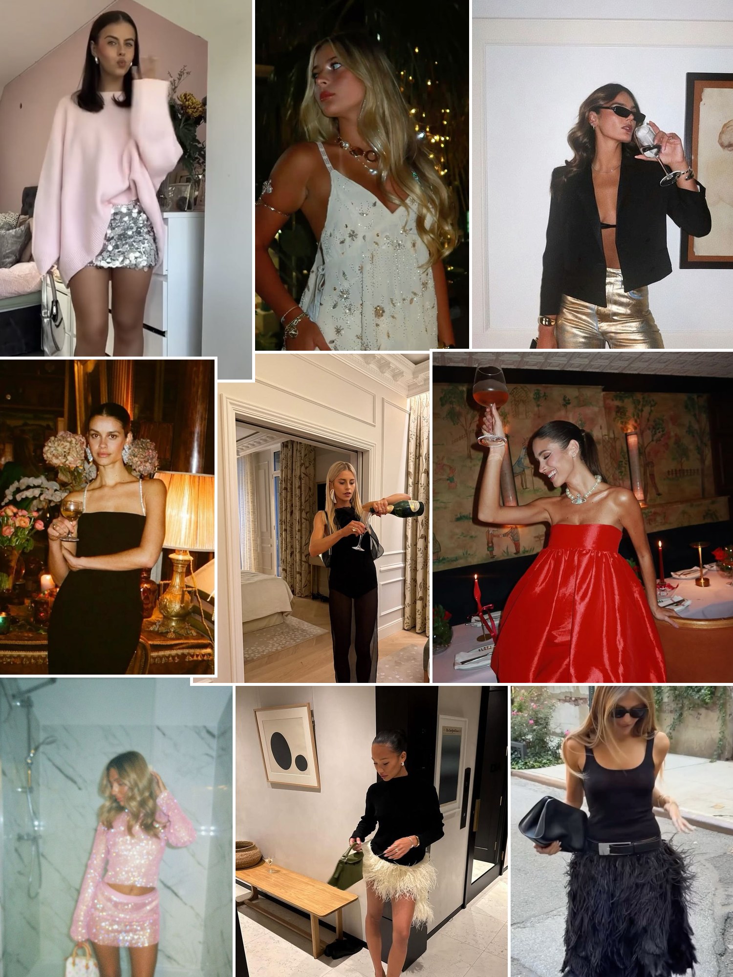 Collage of metallic and velvet New Year's Eve looks