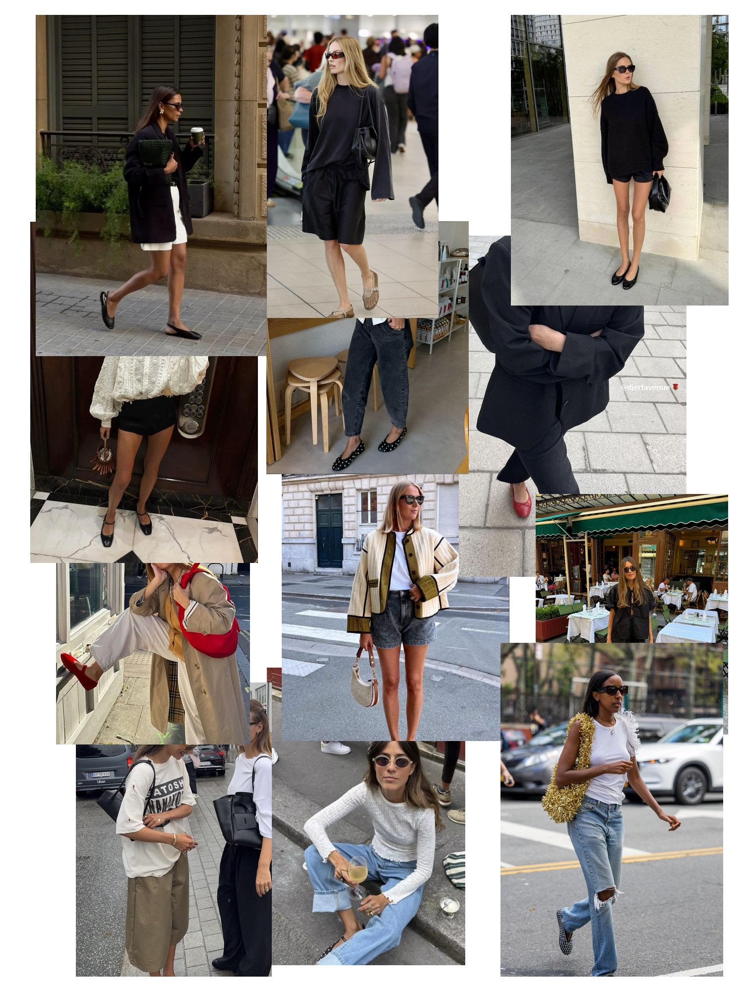 Street-style collage of 12 outfit photos featuring ballet flats, scattered and overlapping
