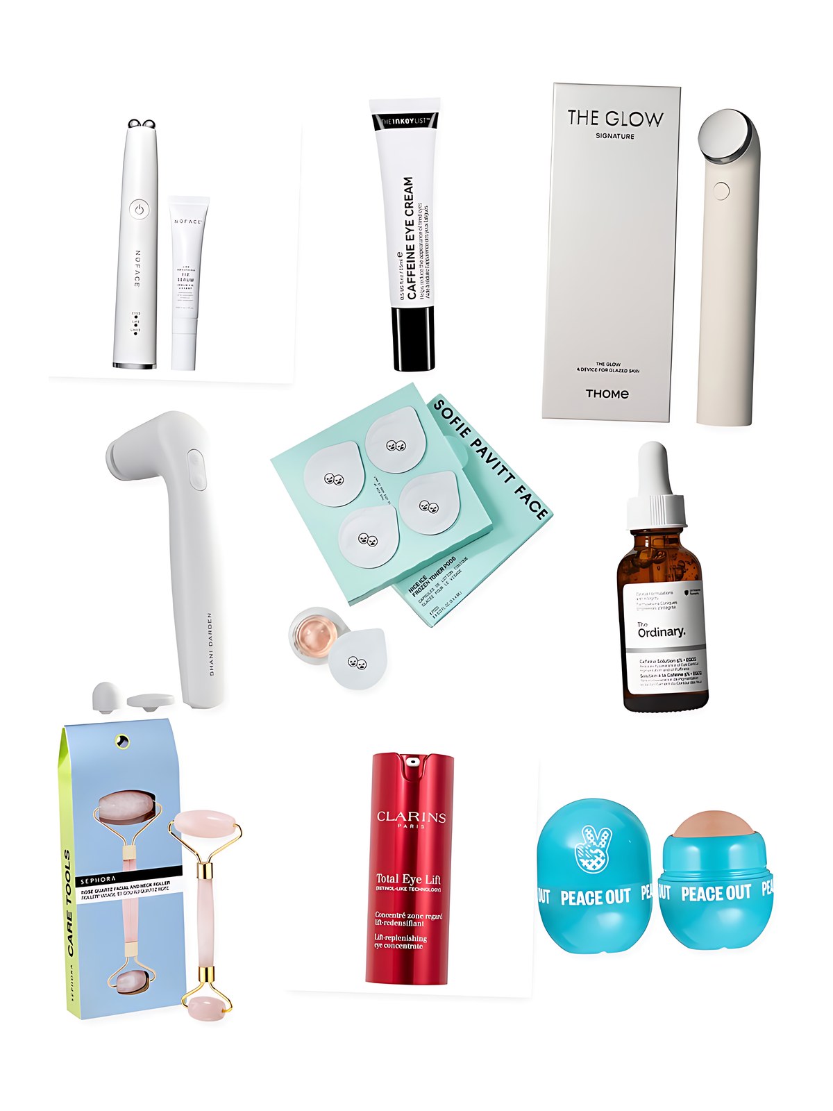 Collage on a white background showing Peace Out Oil Control Reusable Facial Roller For Oily Skin and Shine Control, Thome The Glow SIGNATURE Professional-Grade Ultrasound Skincare Device for Firming, Radiance & Anti-Aging, The INKEY List Caffeine De-puffing + Dark Circle Eye Cream, Sephora Collection Rose Quartz Facial Roller, NuFACE NUFACE® FIX MicroWand Microcurrent Device, Clarins Total Eye Lift Refillable Eye Cream for Firming, Wrinkles, Dark Circles & Puffiness, Sofie Pavitt Face Nice Ice Frozen Cryo Rescue Treatment to Depuff and Calm Skin, Shani Darden Skin Care Facial Sculpting Wand and The Ordinary Caffeine Solution 5% + EGCG Depuffing Eye Serum for Dark Circles.