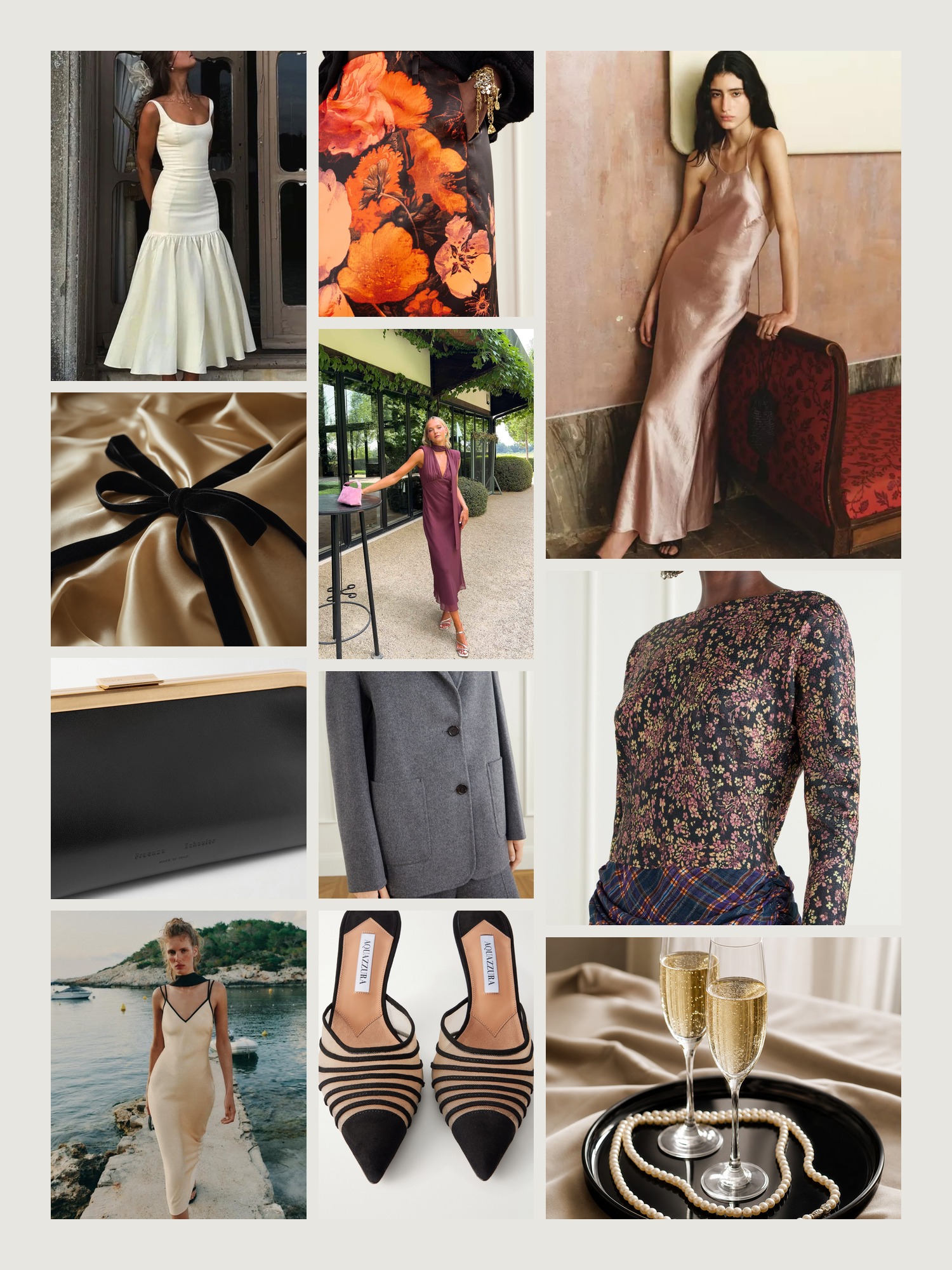 Mood board of semi-formal attire in black and champagne
