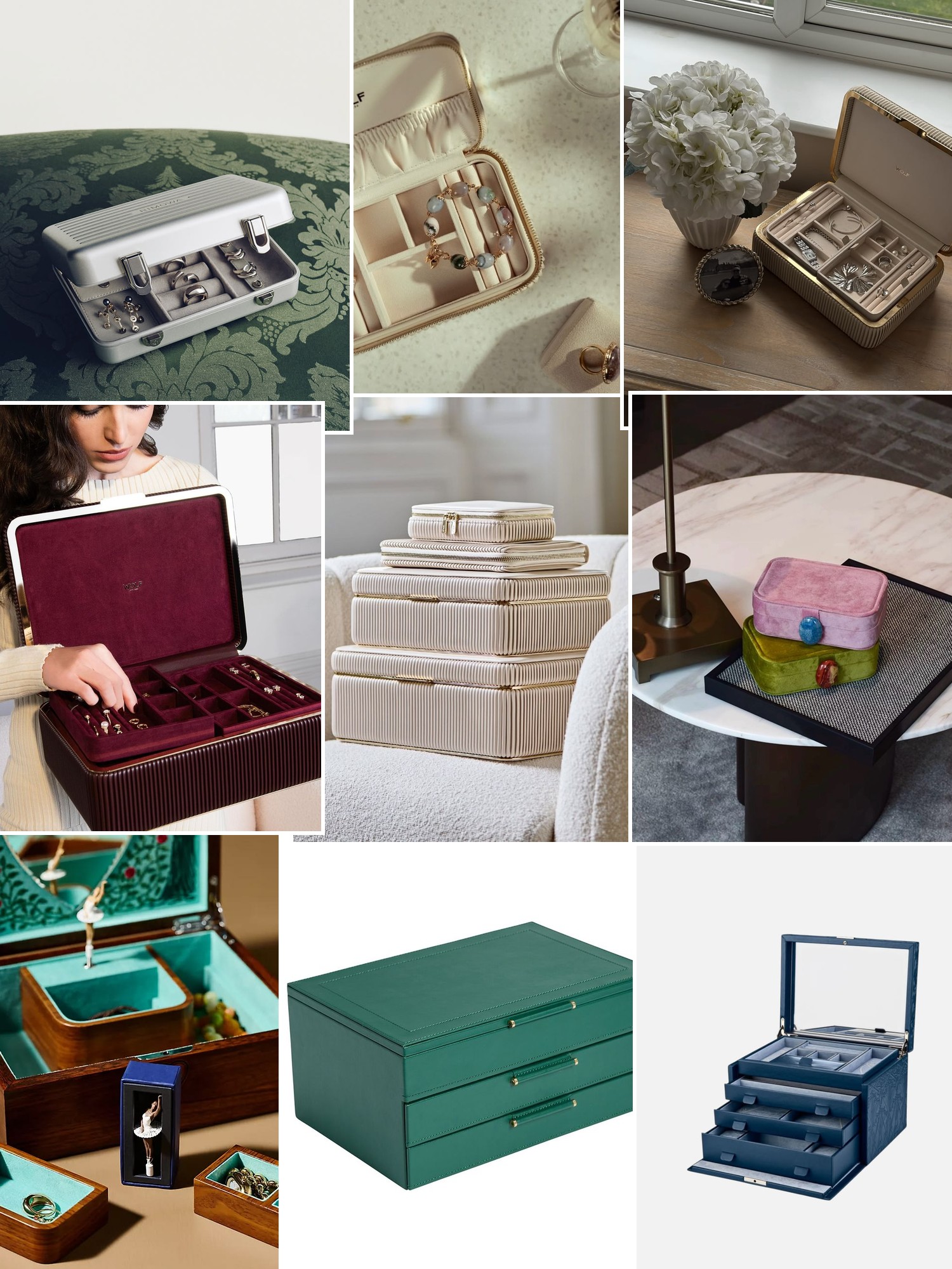 Jewelry travel cases in ivory, burgundy, silver and green arranged in calm styled interiors.