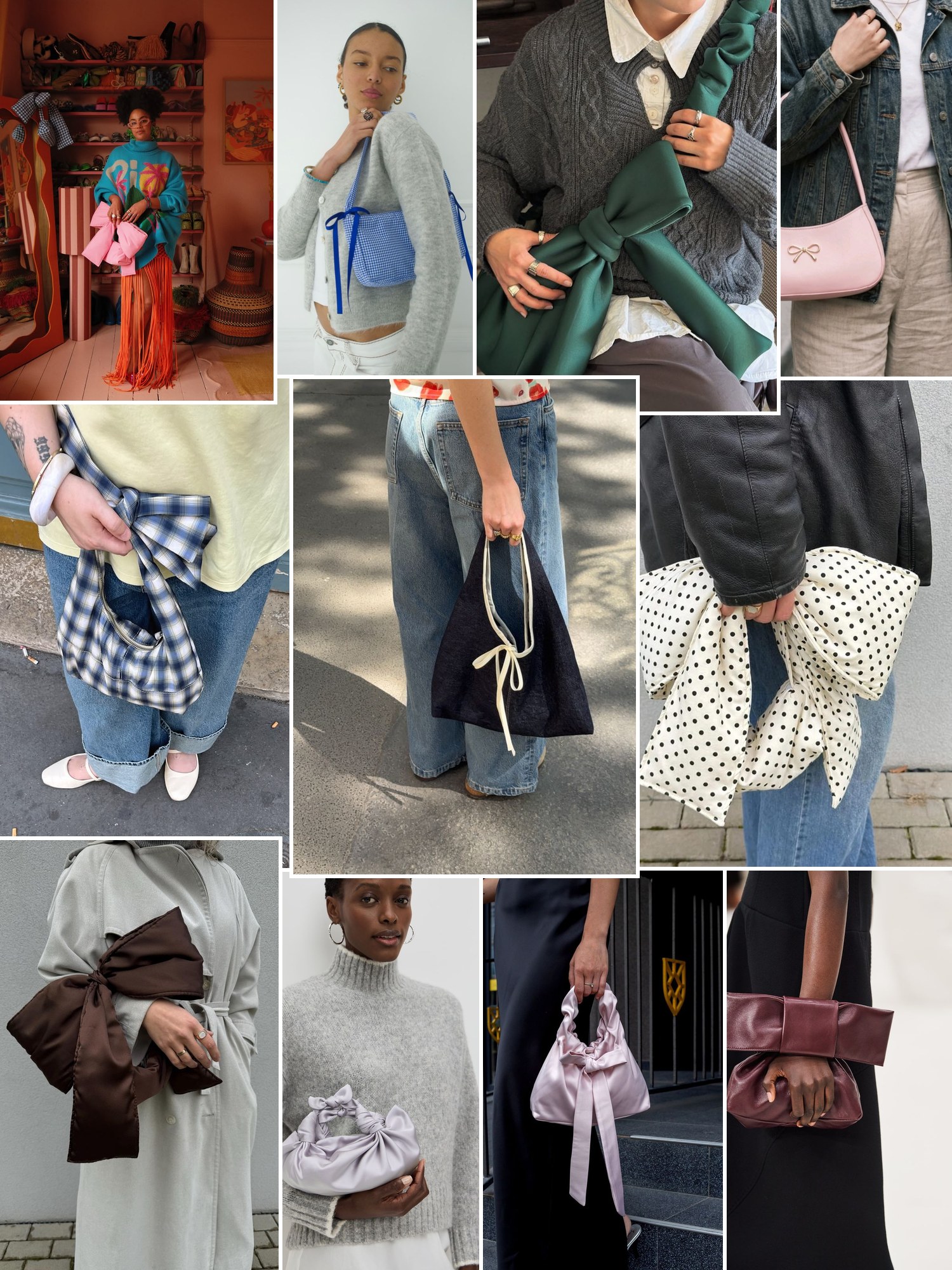 Collage of coquette outfits with bow purses