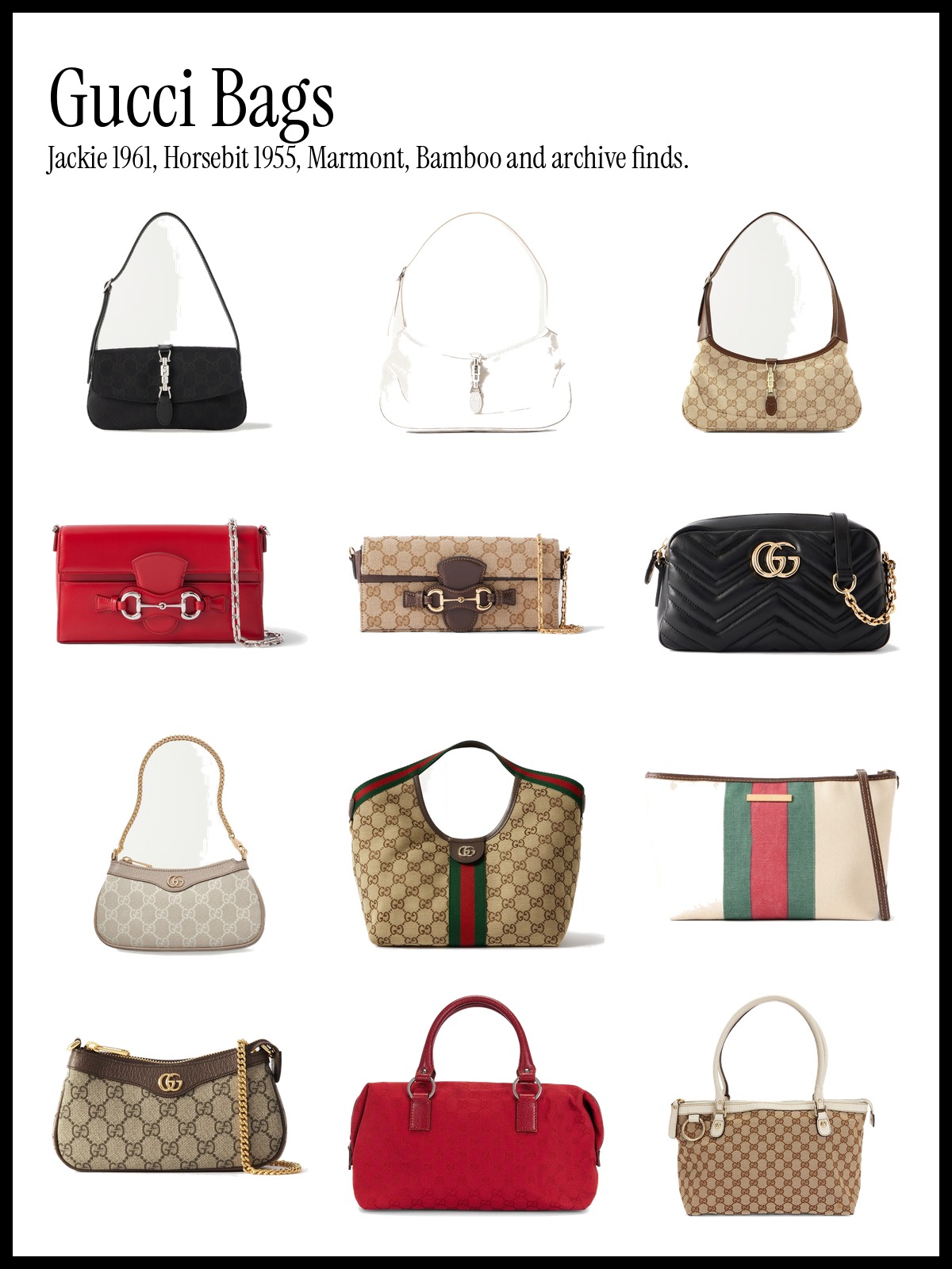 Collage of Gucci bags including Jackie 1961 hobos, Horsebit 1955 and GG Marmont shoulder bags, Bamboo and Ophidia totes and mini crossbodies