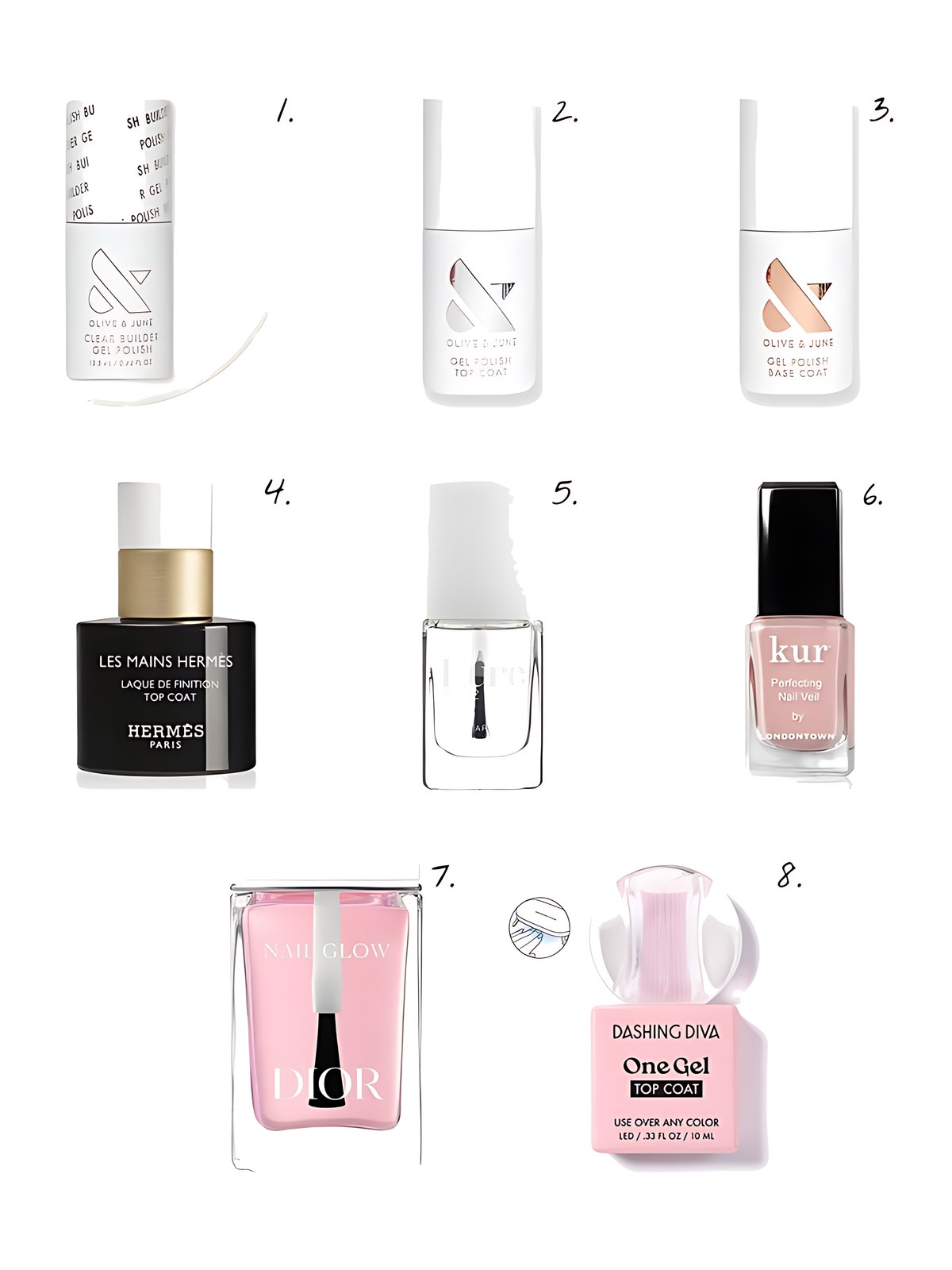 Numbered collage: 1. Olive & June Clear - Builder Gel; 2. Olive & June Gel Top Coat; 3. Olive & June Gel Base Coat; 4. Hermès Les Mains Hermès Top Coat; 5. Kure Bazaar Dry Finish Top Coat Polish; 6. Londontown Perfecting Nail Veil 0.4 oz.; 7. Dior Nail Glow Beautifying Nail Care - Instant French Manicure Effect; 8. Dashing Diva Top Coat