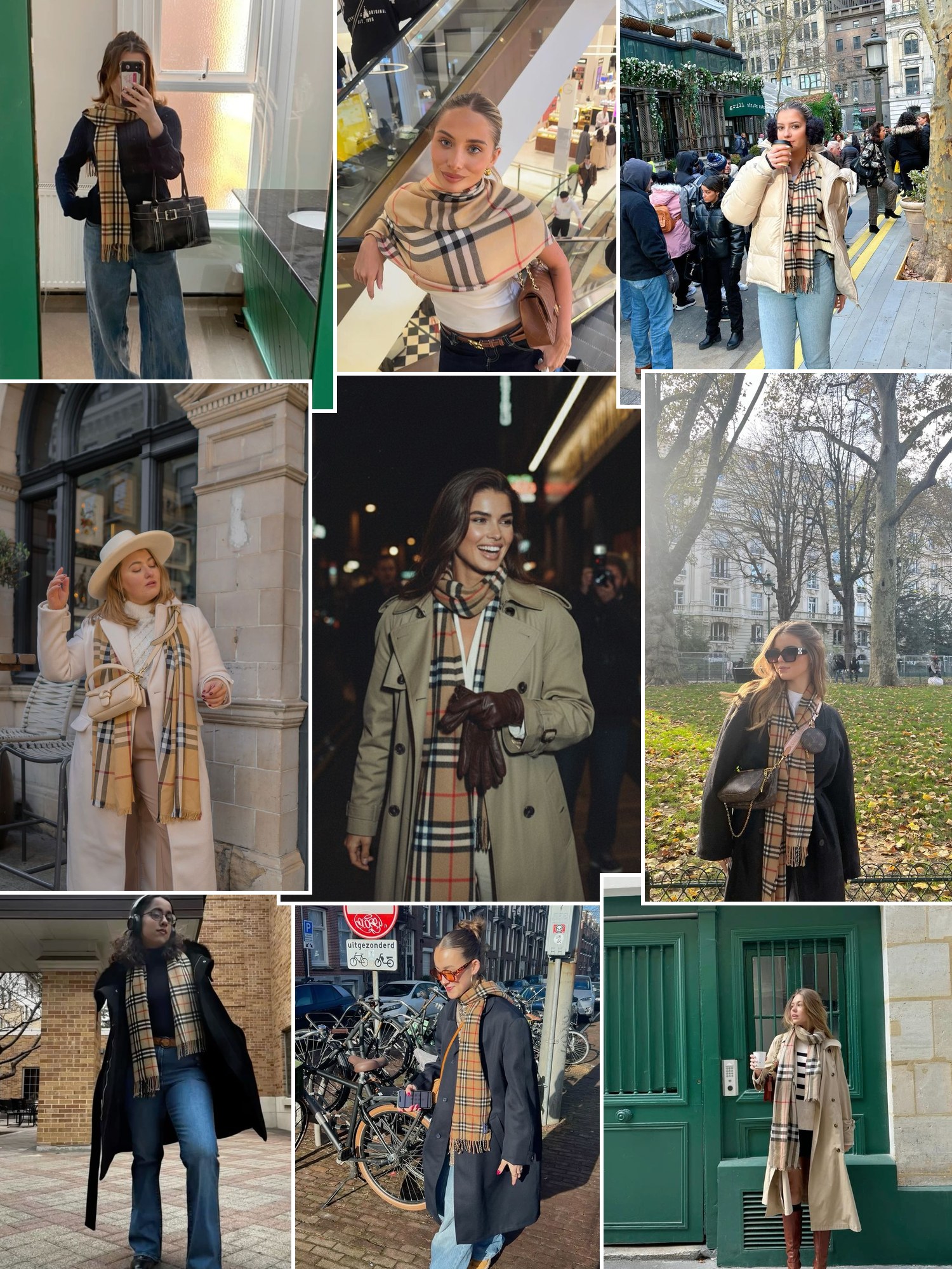 Street style collage of women wearing Burberry scarf