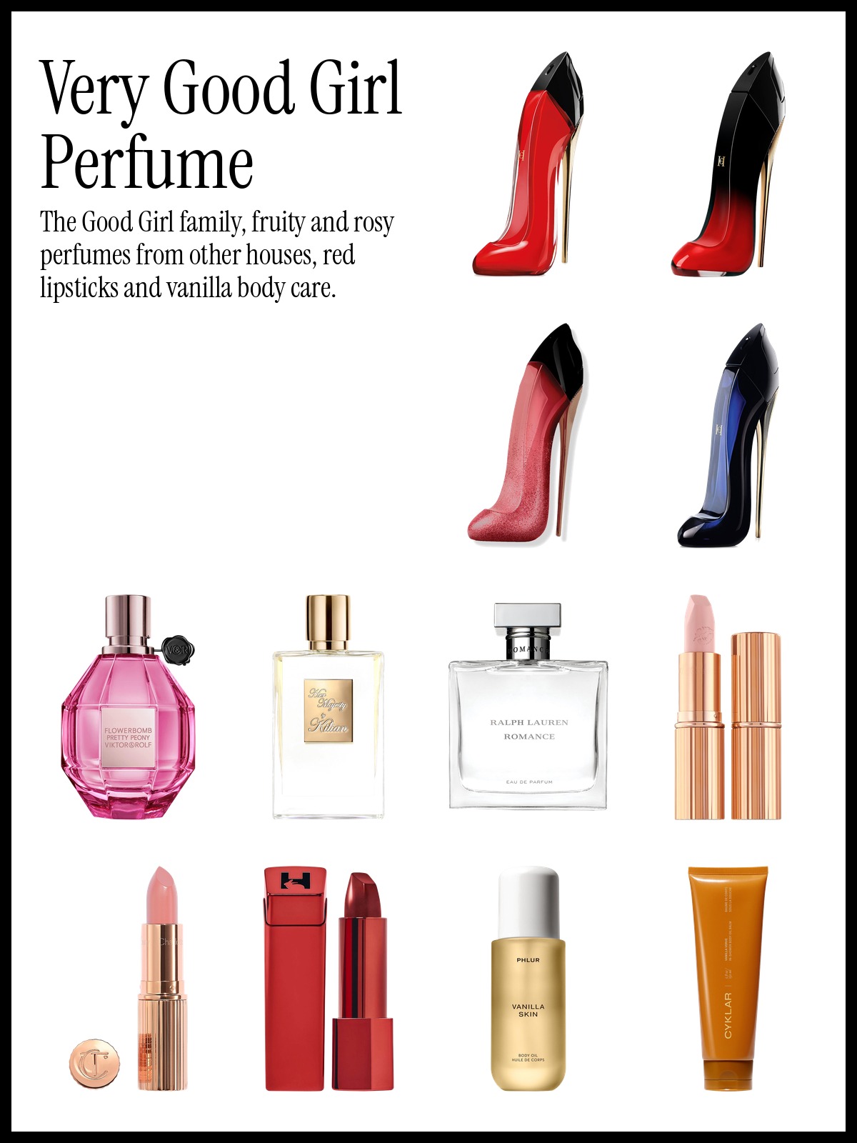 Collage of Carolina Herrera Very Good Girl Eau de Parfum, Charlotte Tilbury Hot Lips Lipstick and Viktor&Rolf Flowerbomb Pretty Peony Eau de Parfum