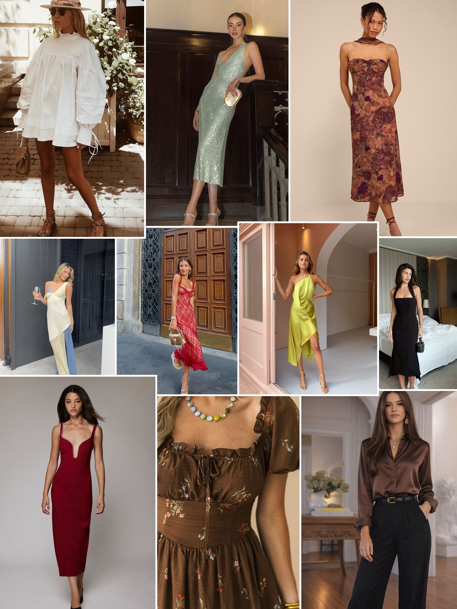 Collage of everyday outfits built around semi formal attire women