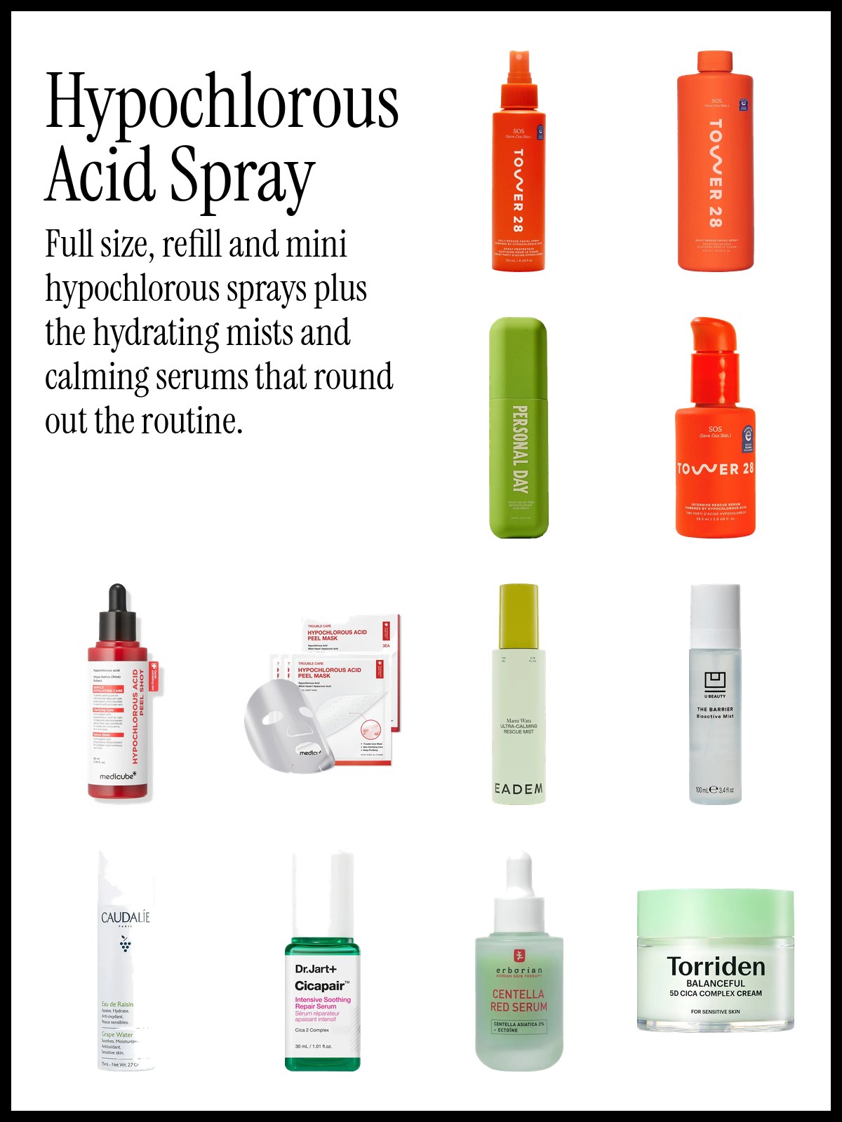 Collage of hypochlorous acid sprays with hydrating face mists and soothing cica serums