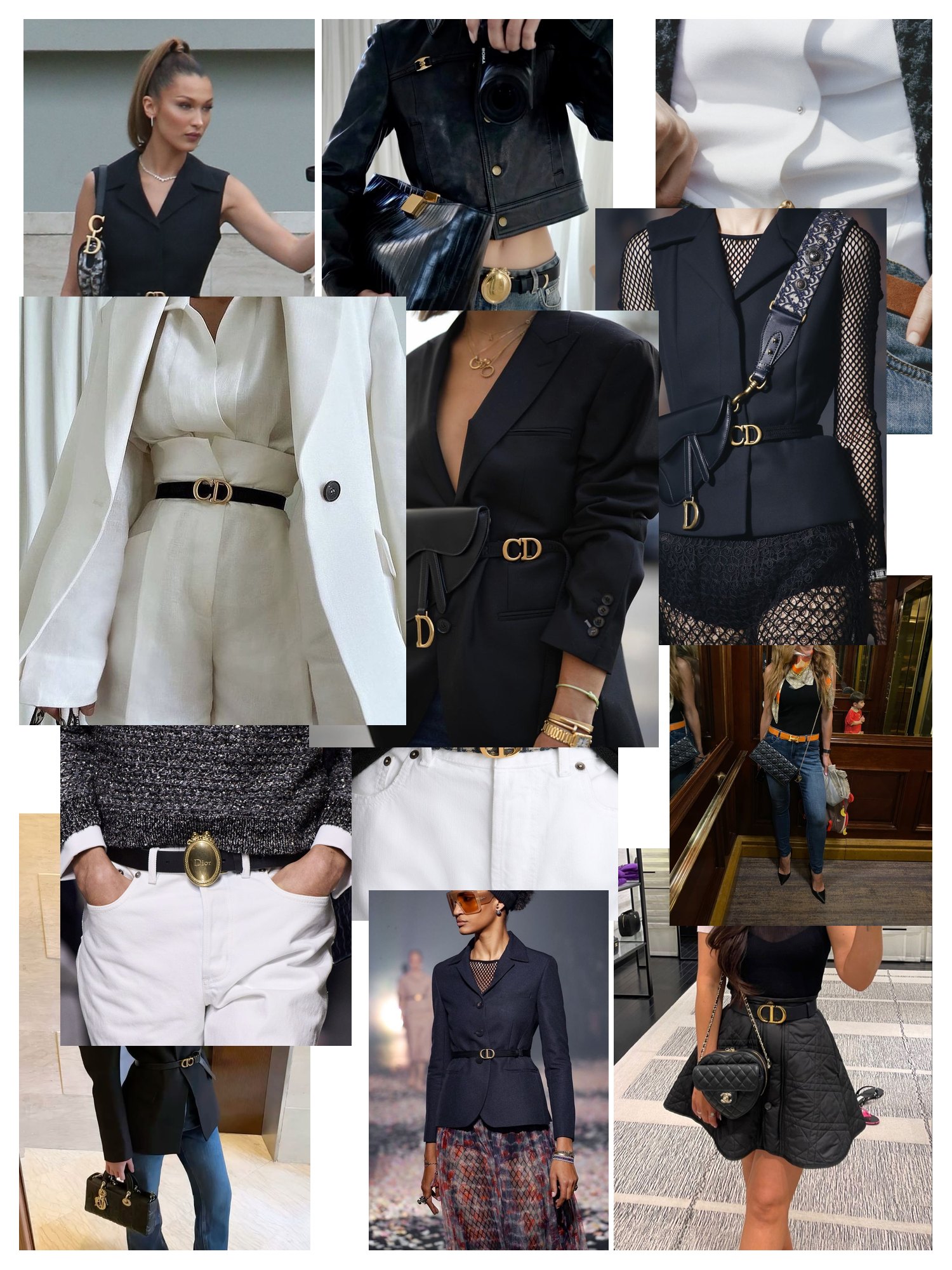Street-style collage of 12 outfit photos featuring dior belt, scattered and overlapping