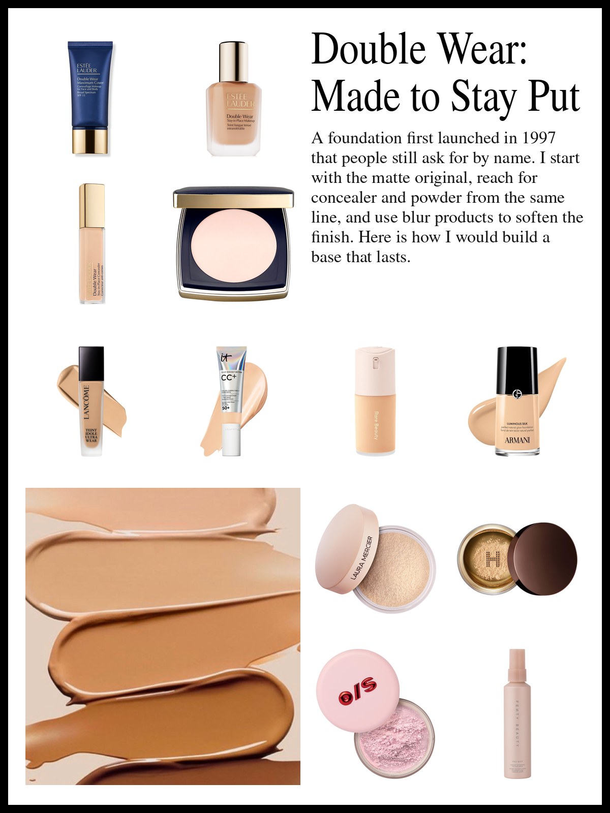Collage of Double Wear foundations, concealer and powders, other long-wear foundations and setting sprays beside a mood photo of a ladder of foundation swatches from light to deep.