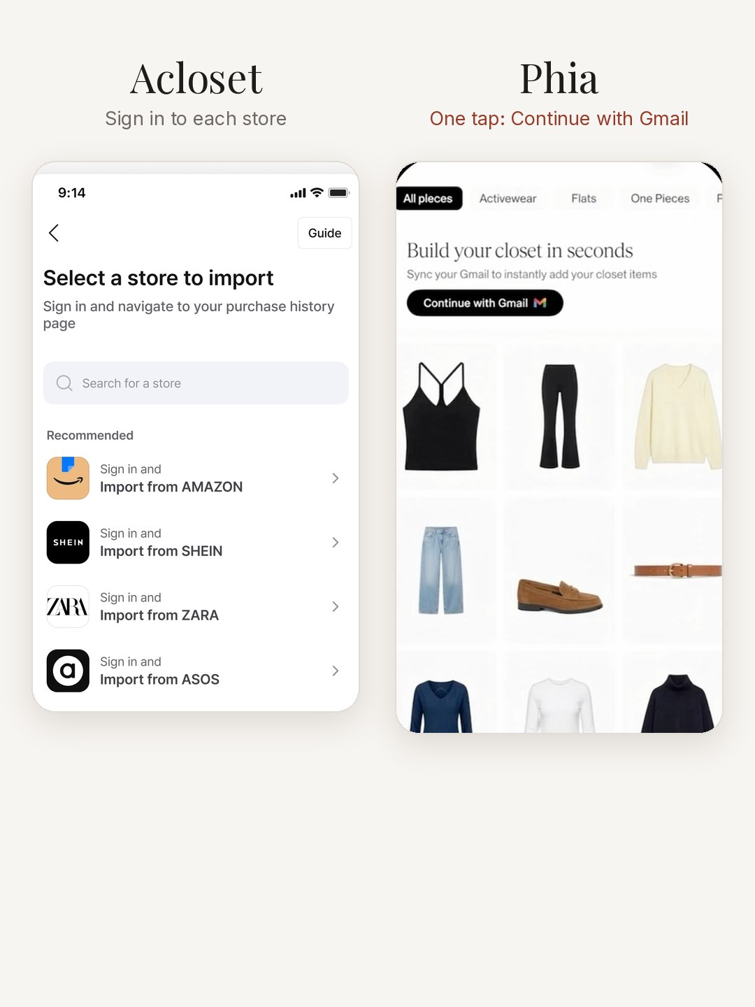 Side by side: Acloset's Select a store to import screen, next to Phia's Build your closet in seconds screen with Continue with Gmail