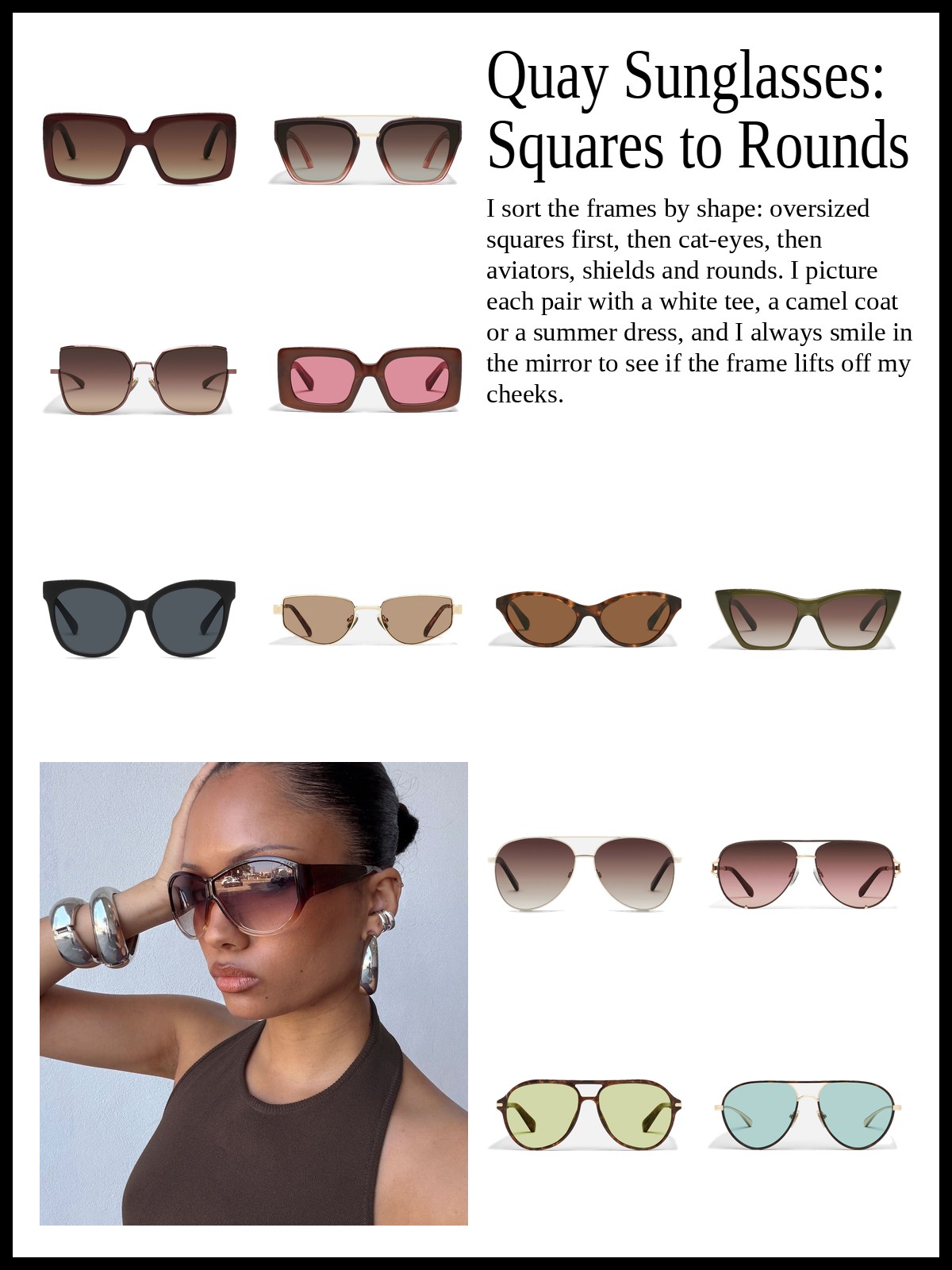 Collage of oversized square and butterfly sunglasses, cat-eye and narrow rectangle sunglasses, and aviator, shield and round sunglasses, and a mood photo of brown tinted sunglasses with a brown halter top