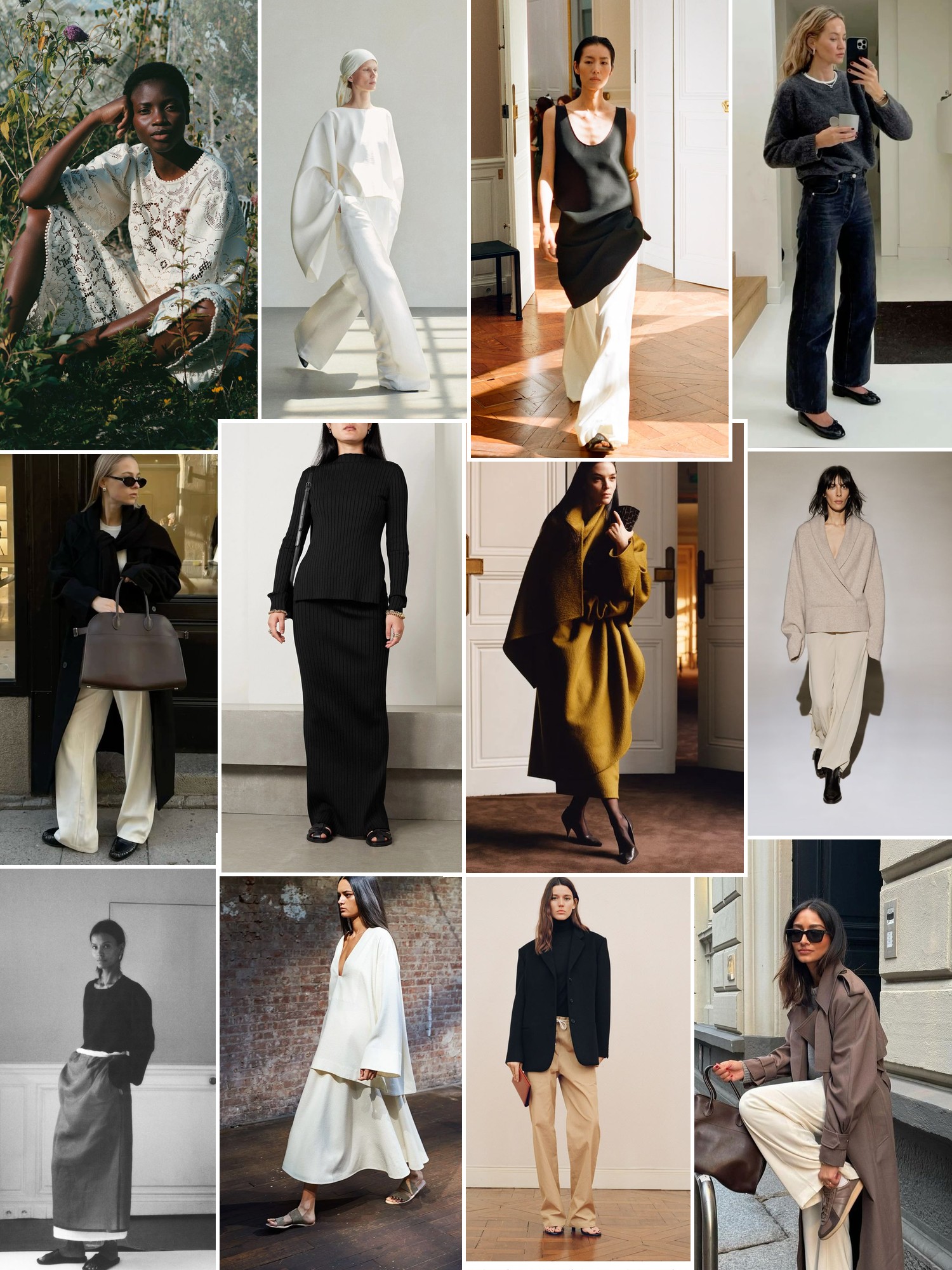Collage of runway looks, campaign shots and street style outfits that capture the The Row mood