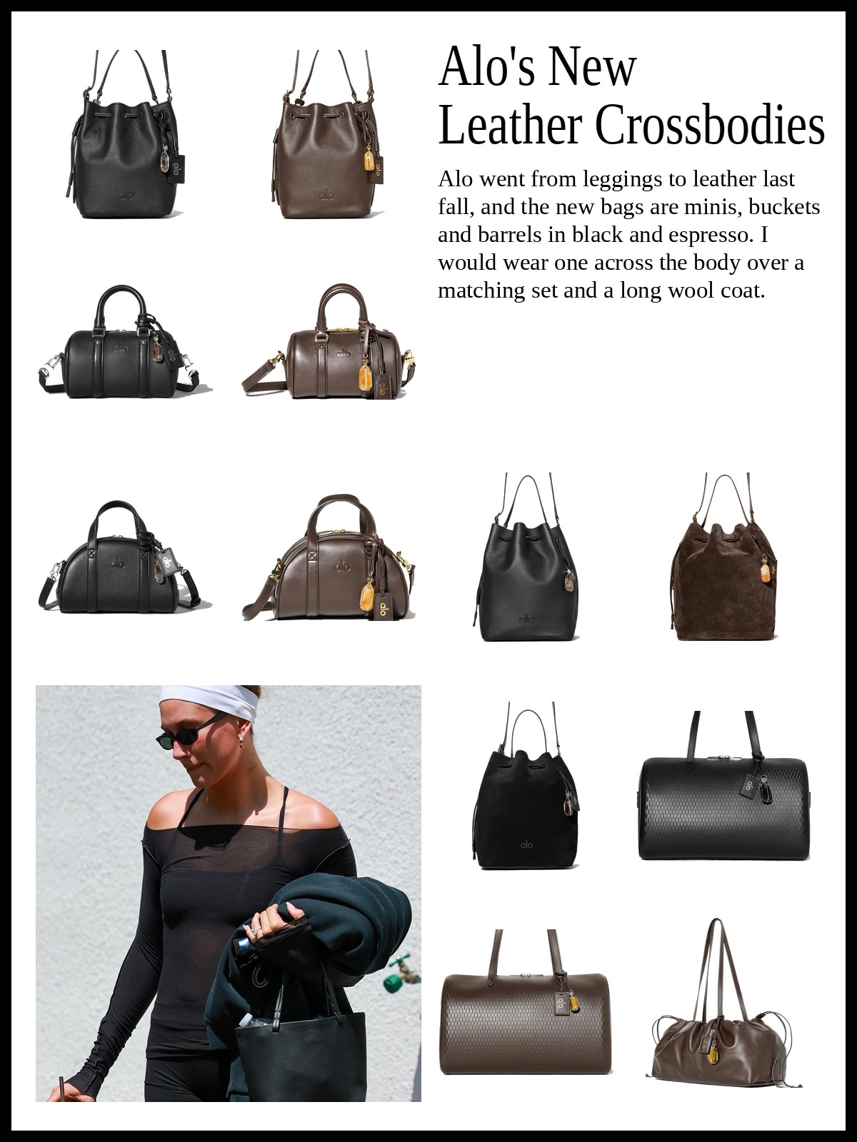 Collage of Alo's leather crossbody, bucket and barrel bags in black and espresso, beside a photo of a woman in black athleisure carrying a black bag.
