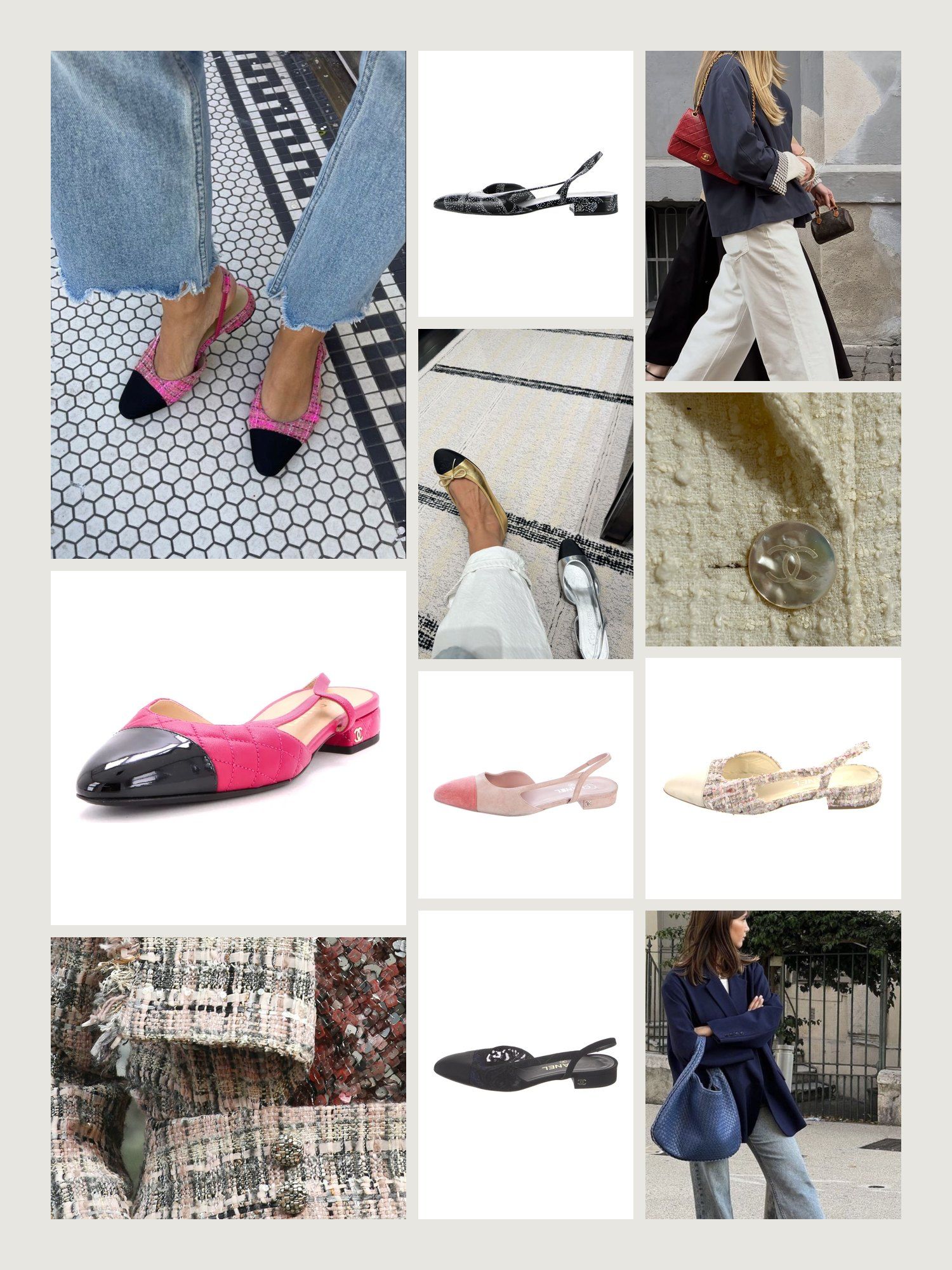 Vibe collage for Chanel slingback flats: slingbacks with denim, tweed close-ups and slingbacks from the grid below