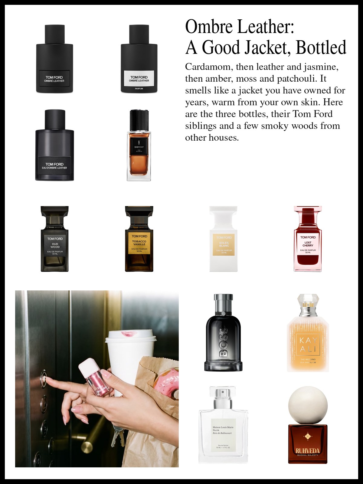 Collage of leather, woody and vanilla perfumes beside a photo of a hand pressing an elevator button while holding a pink lip tint, a coffee cup with a lipstick mark and a bag with a pink glazed donut.