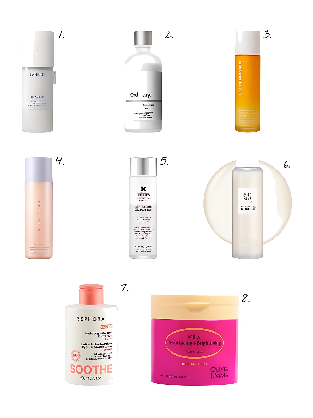 Numbered collage: 1. LANEIGE Cream Skin Milky Toner with Ceramides & Peptides for Nourishing Hydration; 2. The Ordinary Saccharomyces Ferment 30% Milky Toner for Gentle Exfoliation and Hydration; 3. OLEHENRIKSEN Barrier Booster Vitamin C Milky Toner Essence with Niacinamide; 4. Fenty Beauty by Rihanna Fat Water Hydrating Milky Toner Essence with Hyaluronic Acid + Tamarind; 5. Kiehl's Since 1851 Daily Gentle Exfoliating Milk-Peel Toner for Hydration + Uneven Skin Texture; 6. Beauty of Joseon Glow Replenishing Rice Milk Toner for Intense Hydration with Rice + Amino Acids; 7. SEPHORA COLLECTION SOOTHE - Hydrating Milky Toner with Ectoin; 8. OLIVIAUMMA Milky Resurfacing + Brightening Toner Pads and Face Treatment with Bakuchiol and Niacinamide