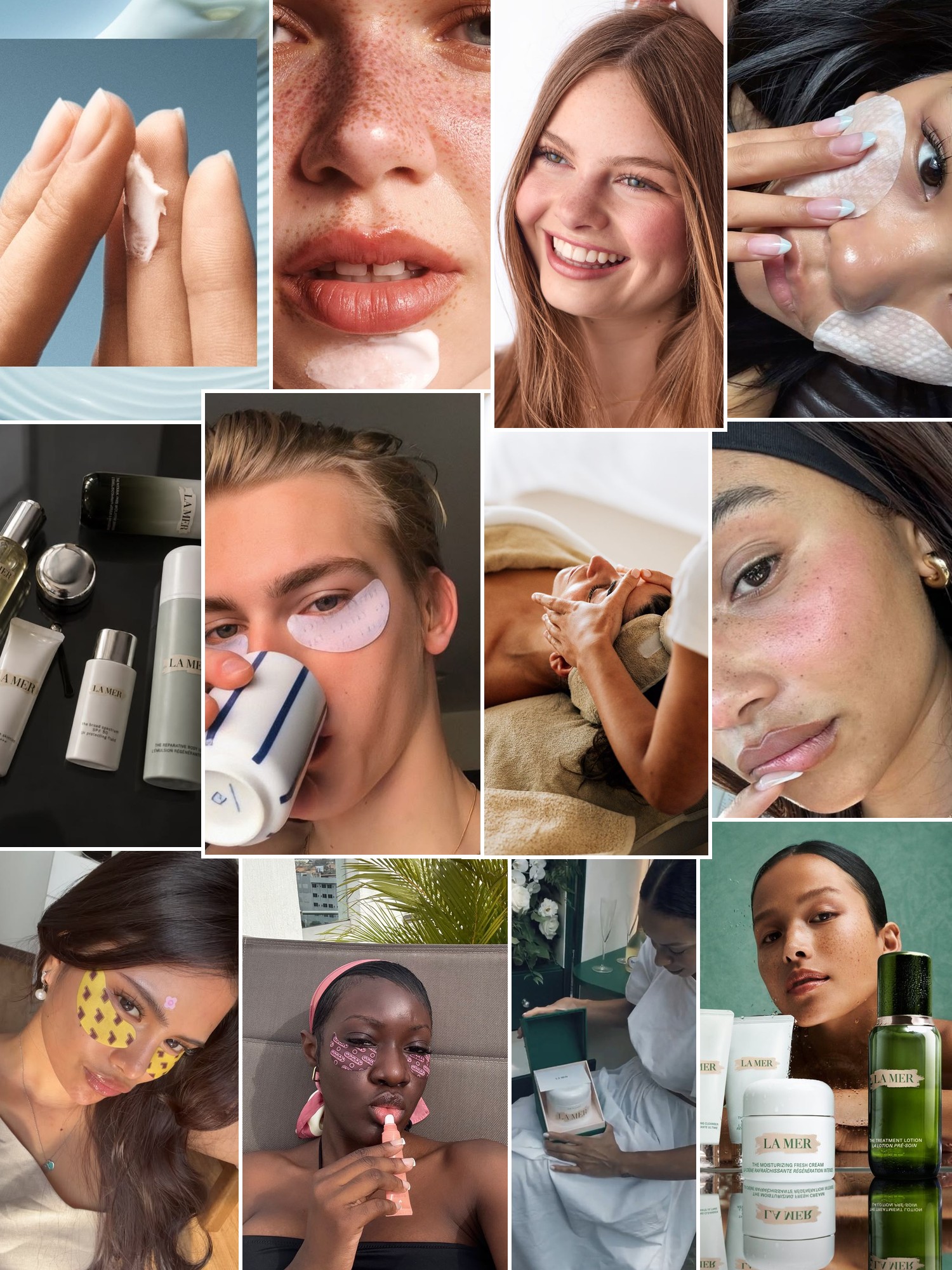 Collage of glowing skincare faces, cleansing rituals, and serene cream and sea inspired product scenes