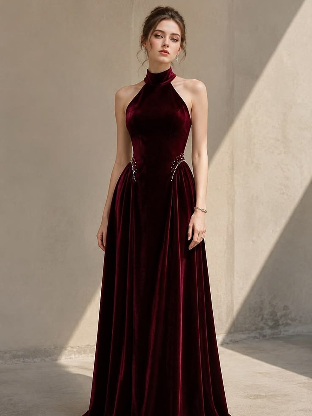 Model in a deep red velvet halter gown