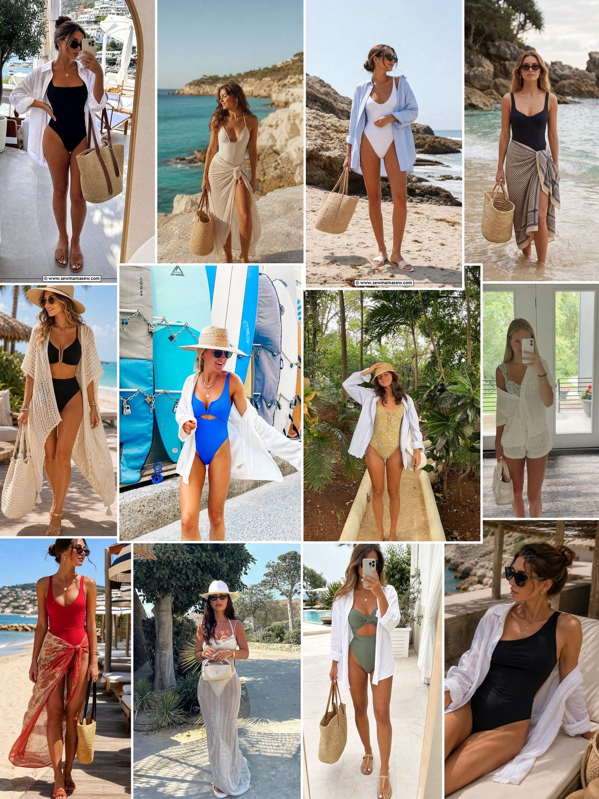 One-Piece Swimsuits, Bikinis and Cover-Ups collage