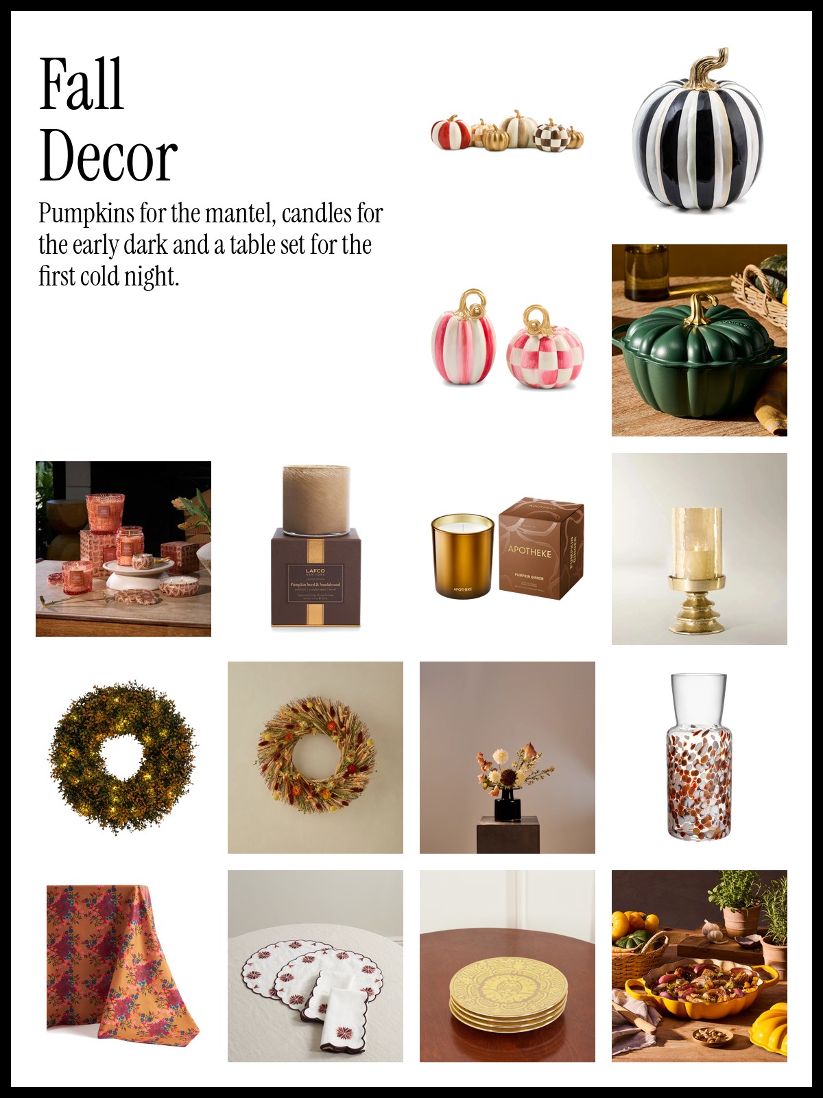 Collage of fall decor including pumpkins, candles, wreaths and autumn tableware