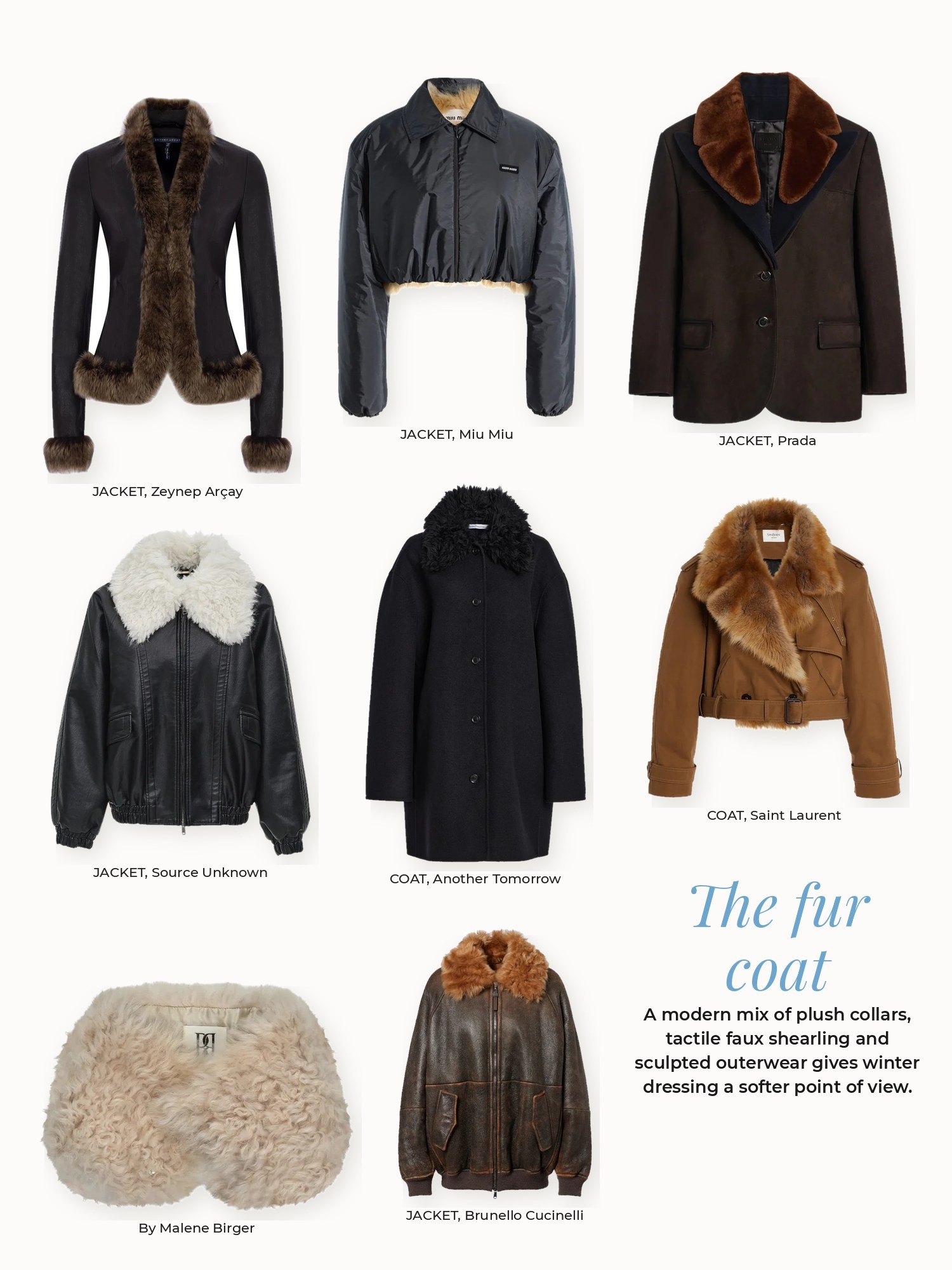 Fur coat collage: Another Tomorrow, Brunello Cucinelli, By Malene Birger, Miu Miu, Prada, Saint Laurent, Source Unknown, Zeynep Arçay