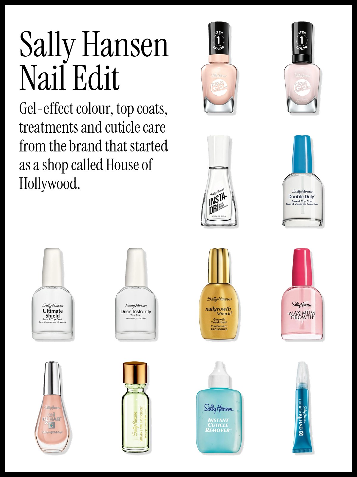 Collage of Sally Hansen Miracle Gel and Insta-Dri polish, base and top coats, Nailgrowth and Nail Rehab treatments and cuticle oils