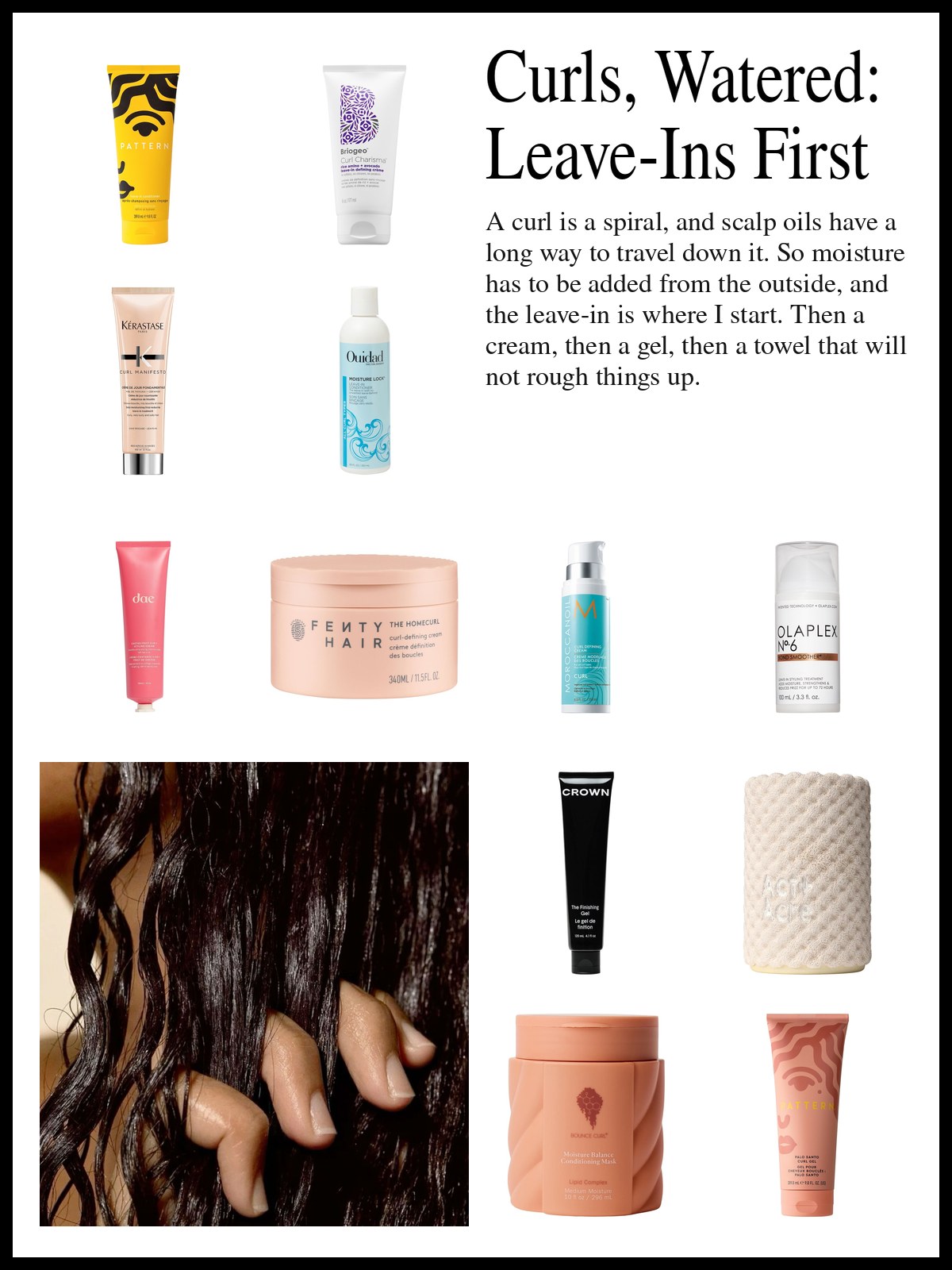 Collage of leave-in creams, curl-defining styling creams, curl gels and a microfiber towel and a mood photo of fingers working through dark curls.